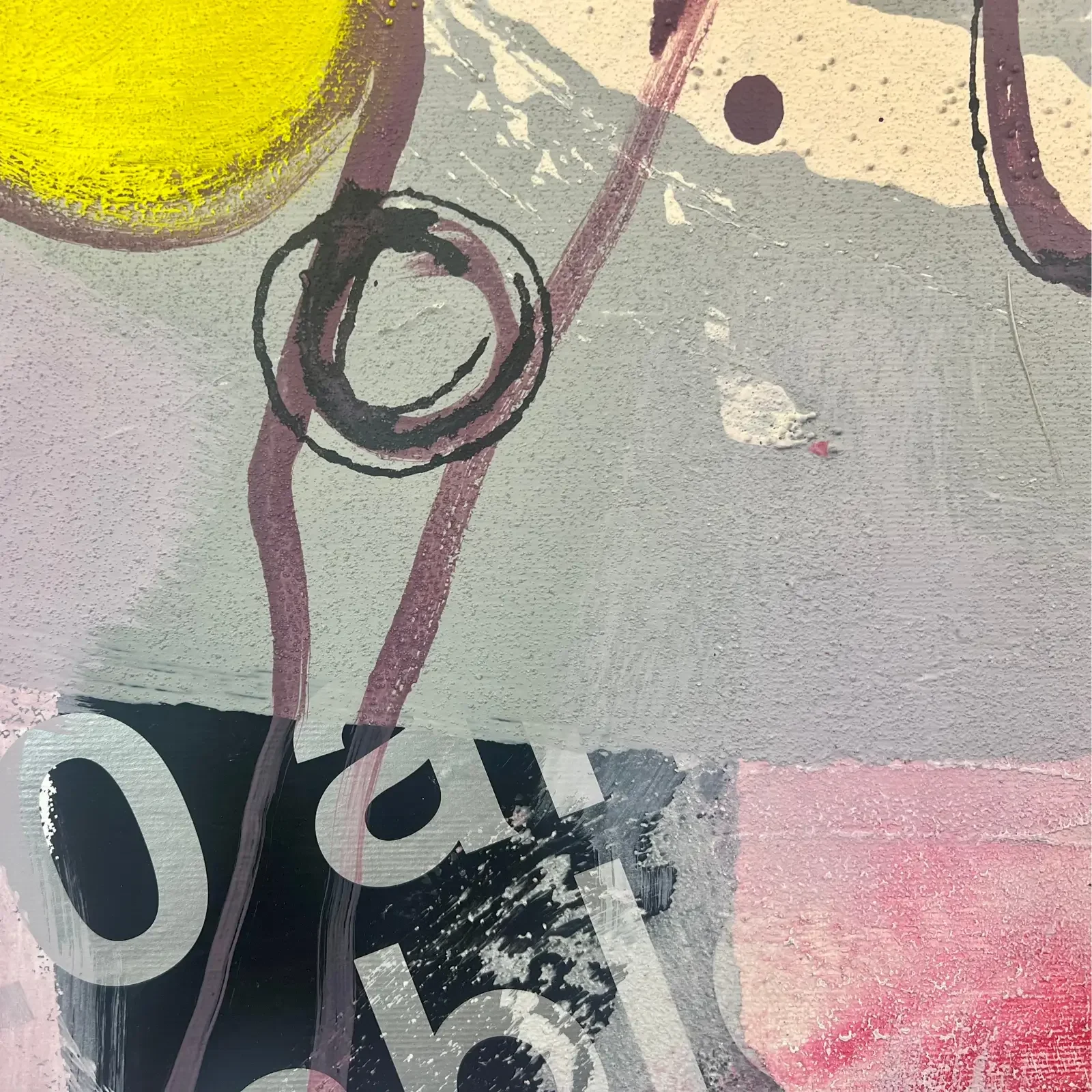 Detail Auge und Collage-Elemente, Pop Art Acrylgemälde von Fredi Gertsch, 2024