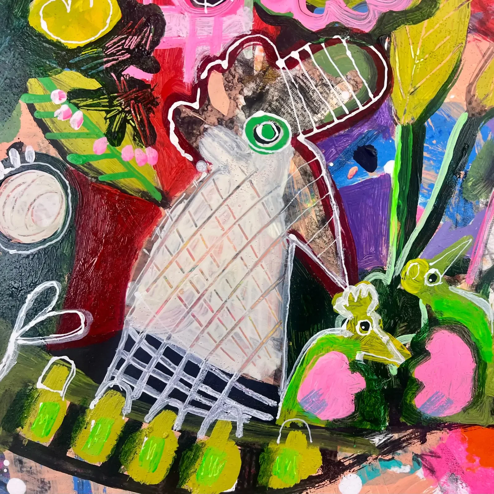 Detail Vogel mit weissem Gefieder, Pop Art Acrylgemälde Hasilein, du musst nicht traurig sein, Fredi Gertsch, 2024