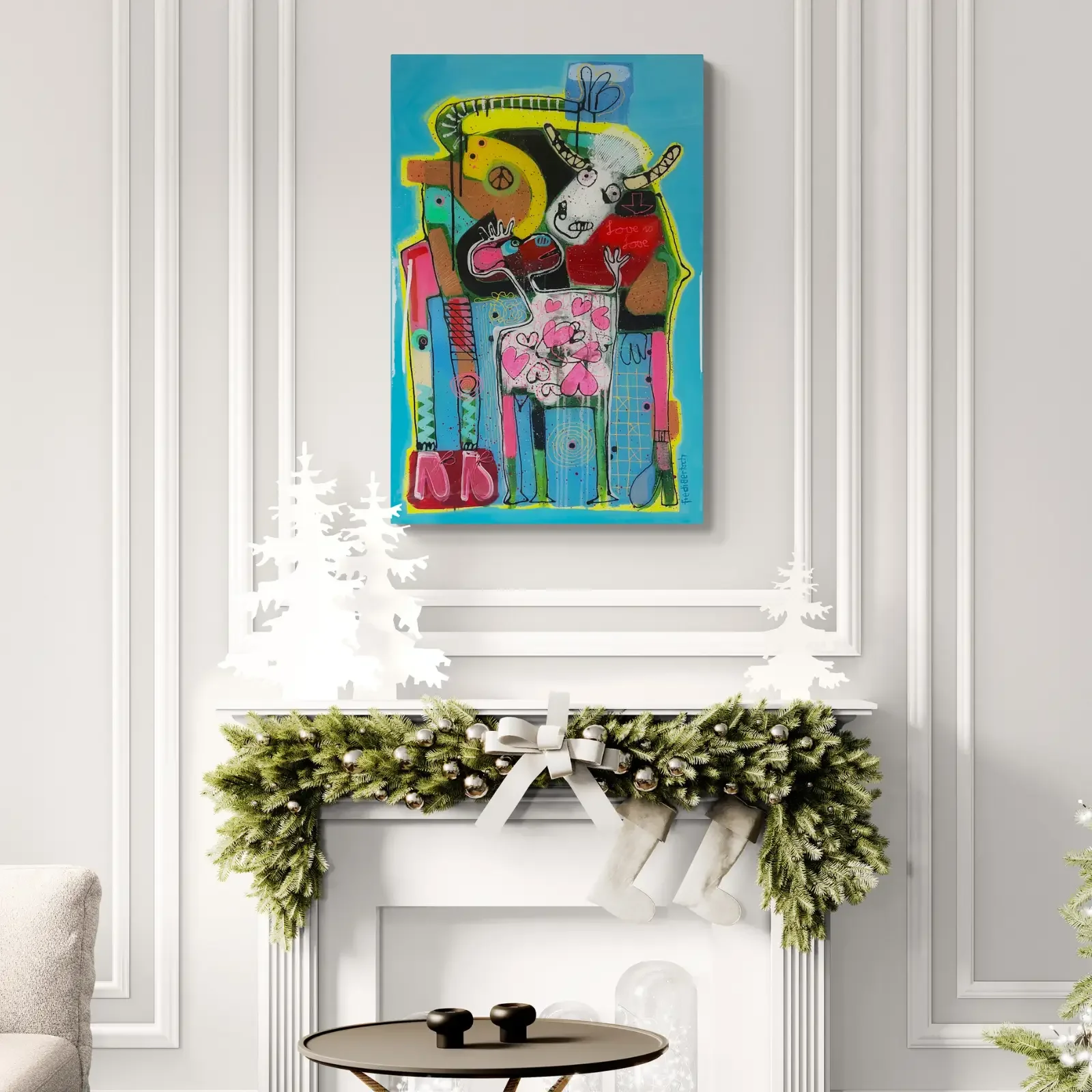BabyMum – Love Is Love von Fredi Gertsch, Pop Art Acrylgemälde als Wandbild über dem Kamin, 2024