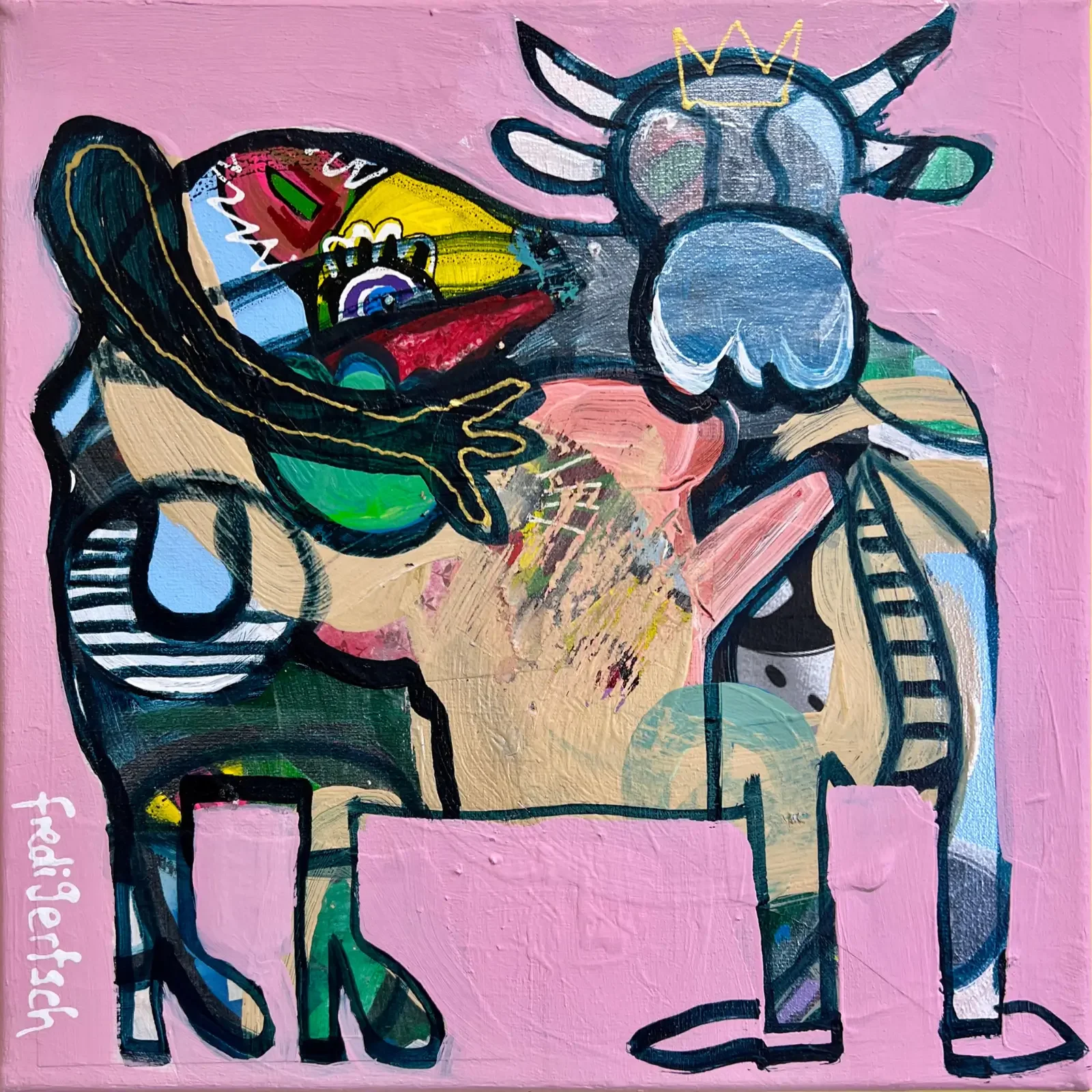 Pink Hug, Pop Art Acrylgemälde auf Leinwand in Pink mit Kuh, Umarmung und Krone, Fredi Gertsch, 2026