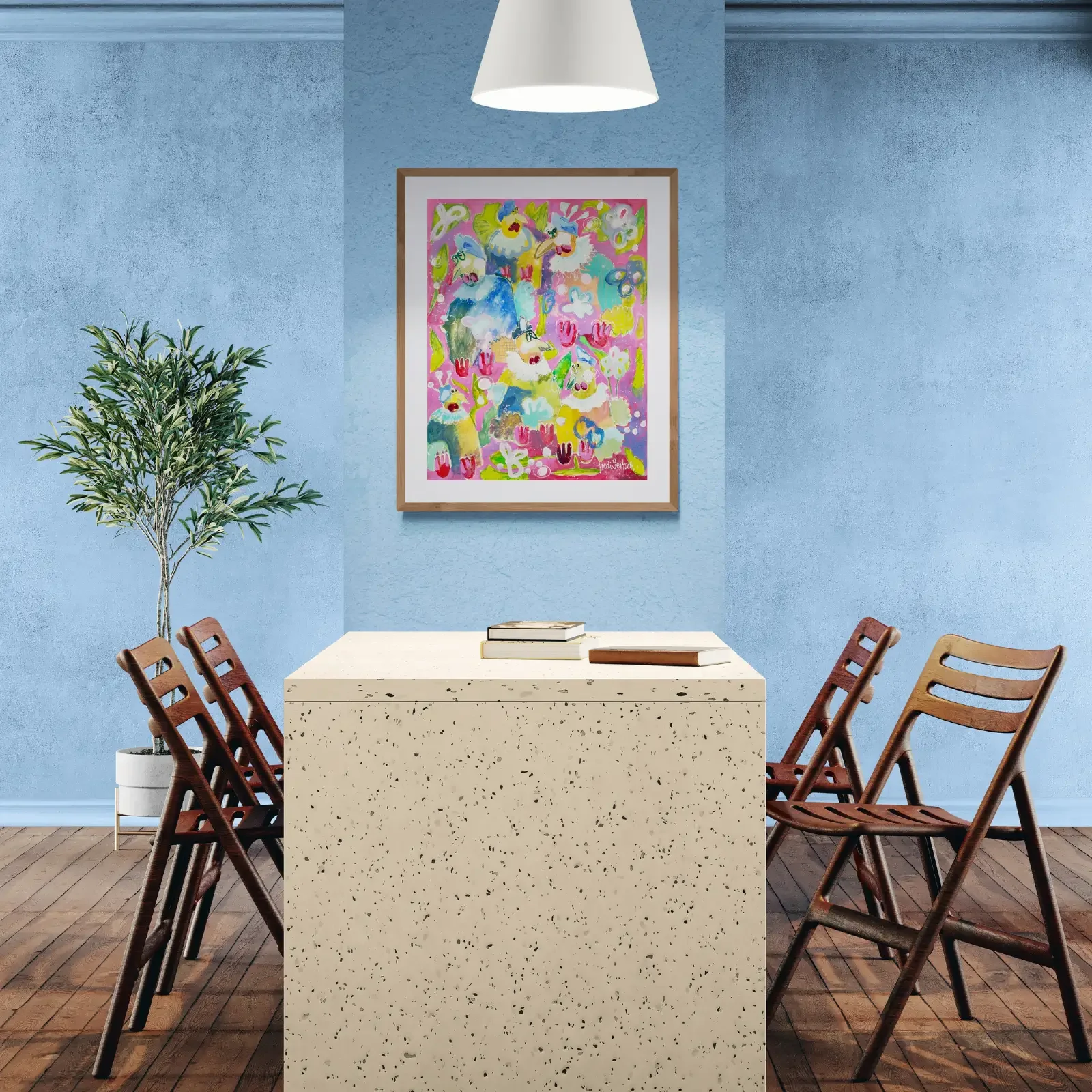 Traumvögel im Blütenmeer, Pop Art Acrylgemälde von Fredi Gertsch, Wandbild im Esszimmer, Schweizer Kunst, 2024