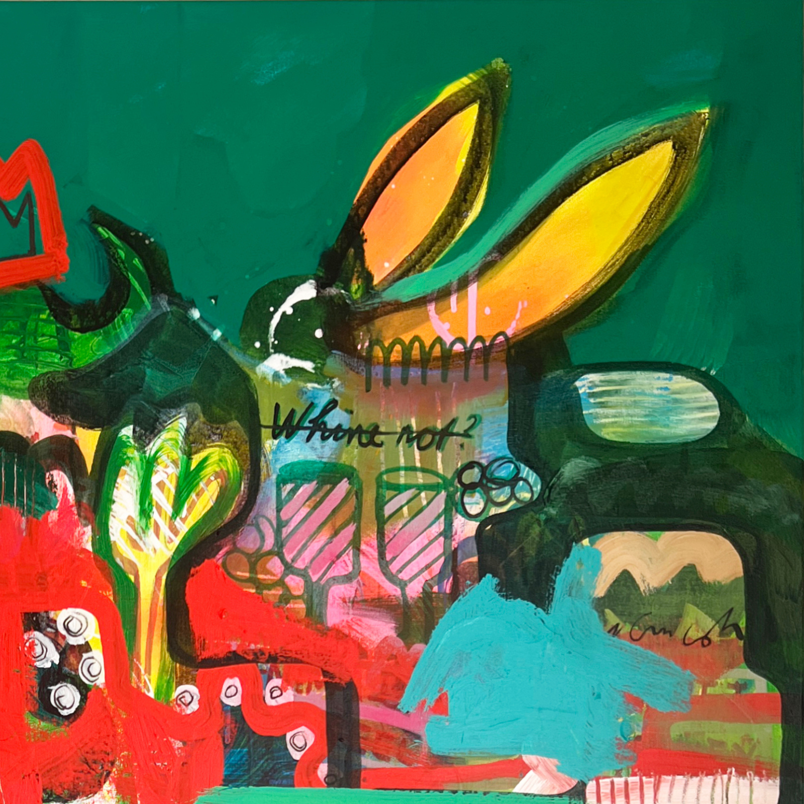 Detailansicht des Originalwerks Happy Rebels – Wild Kingdom mit Hase und farbigen Zeichnungen