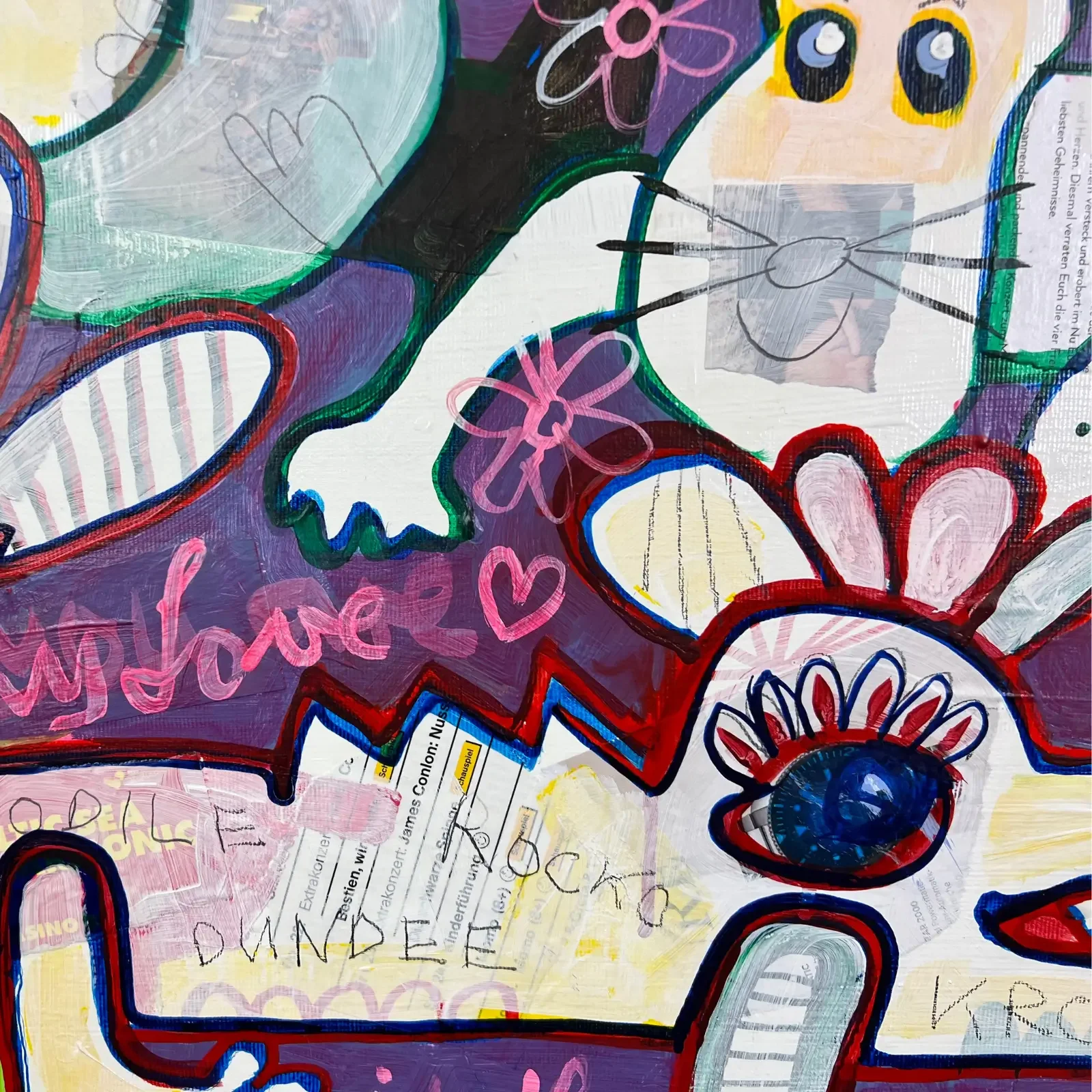 Detail Mixed Media Collage mit Text, Formen und Figuren, Pop Art Gemälde Das Leben ist wie eine Schachtel Pralinen, Fredi Gertsch, 2023