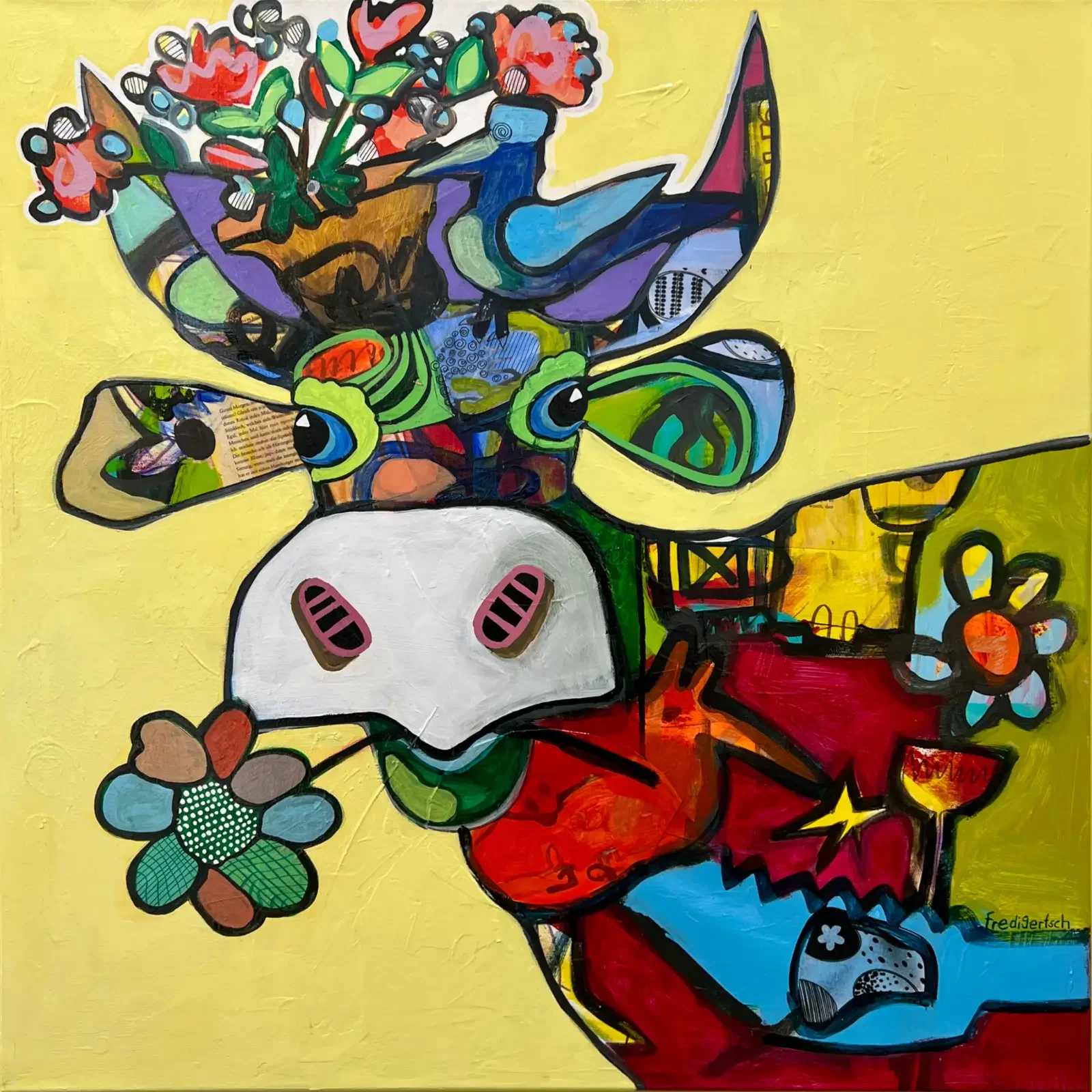 VogelLisi – Sunshine Bouquet, Pop Art Acryl Mixed Media Gemälde auf Leinwand 80 x 80 cm in Gelb mit VogelLisi, Blumen und Herzen, Fredi Gertsch, 2026