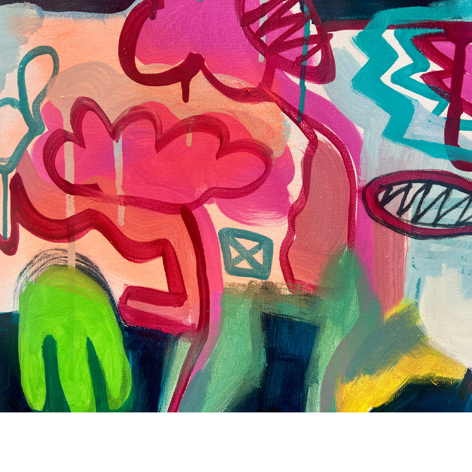 Detail des Originalgemäldes Happy Rebels – Bloom Together mit grafischen Linien, Kronenmotiv und lebendiger Pinselführung.