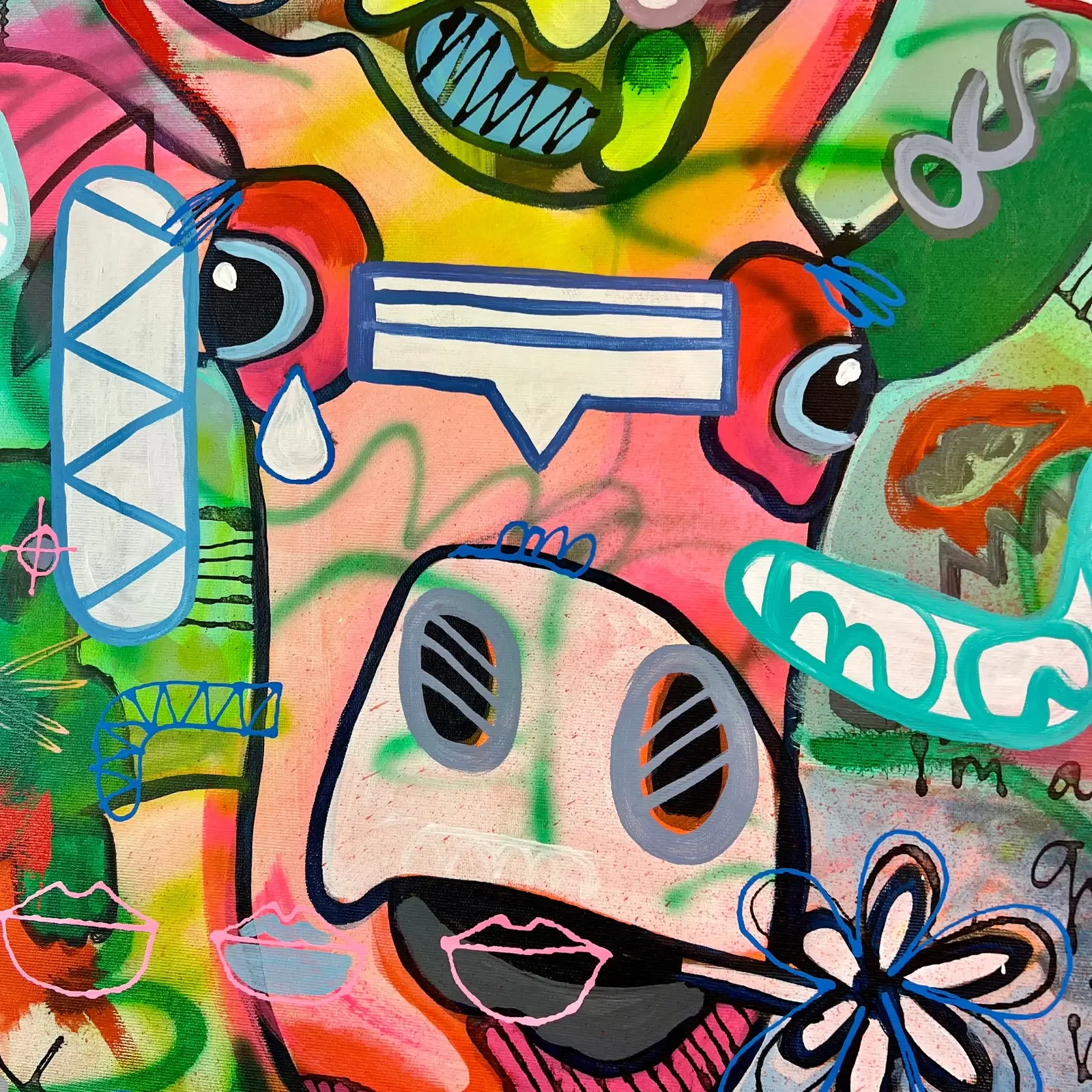Detail Kuhgesicht mit Blume und grünen Elementen, Pop Art Acrylgemälde Baby Meets Banksy, Fredi Gertsch, 2024