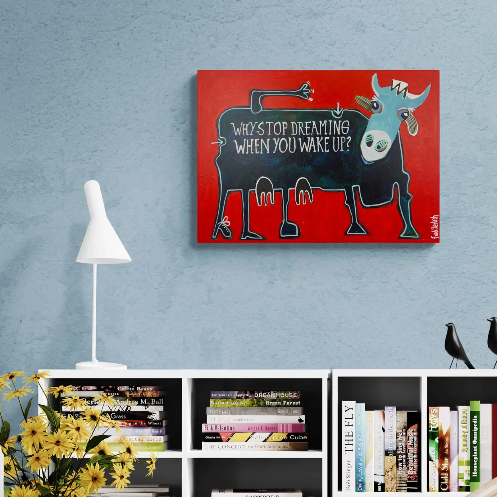 Dreaming in Red von Fredi Gertsch, Pop Art Acrylgemälde als Wandbild im modernen Raum, 2024