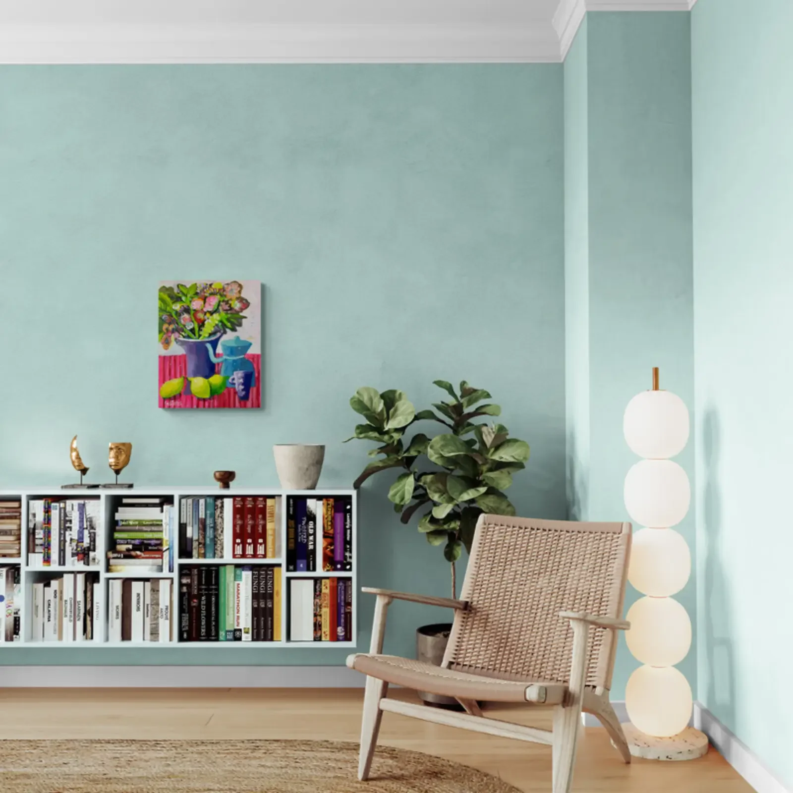 Blumenfrühstück am Fenster, Pop Art Acrylgemälde von Fredi Gertsch, Wandbild im hellen Raum, Schweizer Kunst, 2024