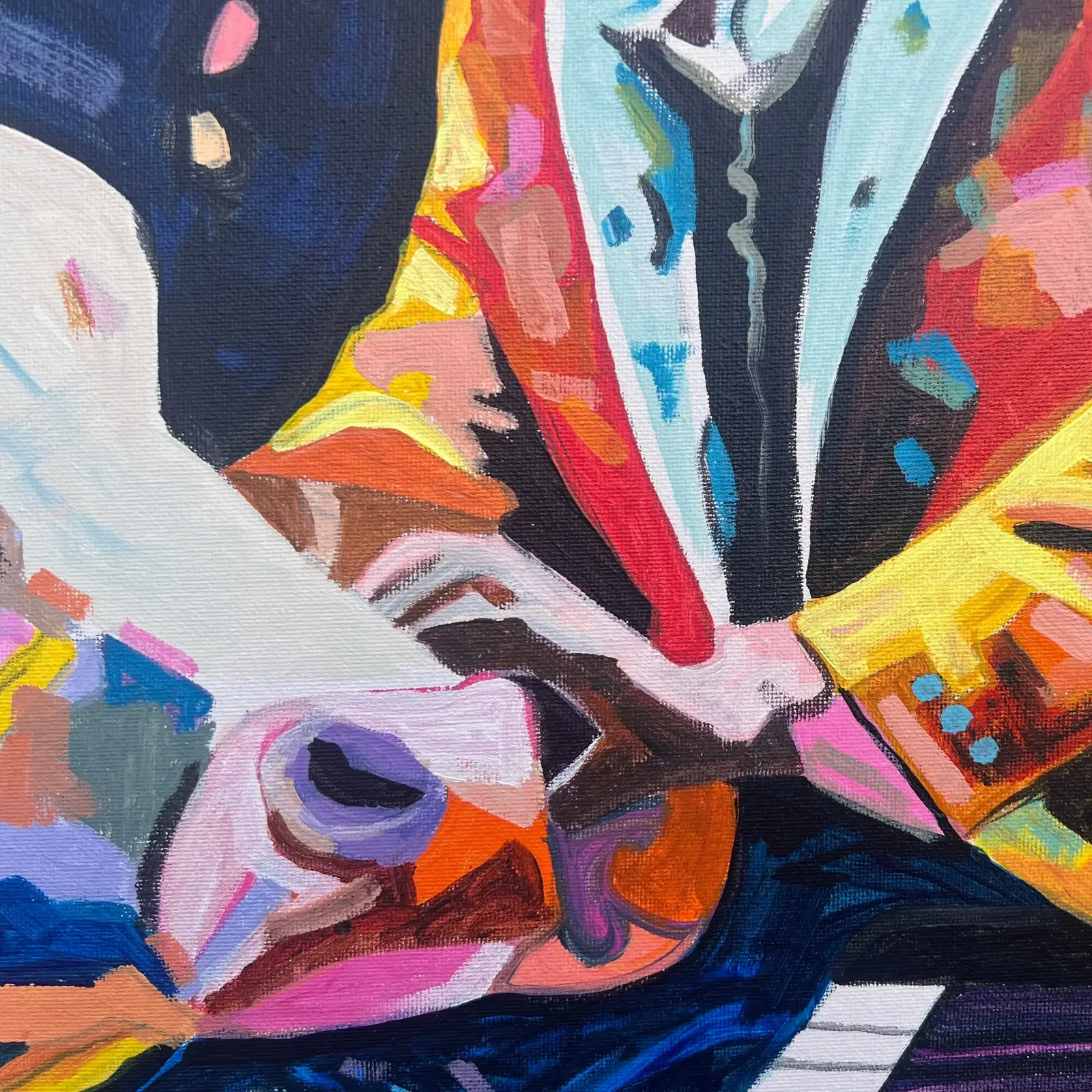 Detail Kuhkopf neben Musiker, Pop Art Acrylgemälde Elton & John, Fredi Gertsch, 2023