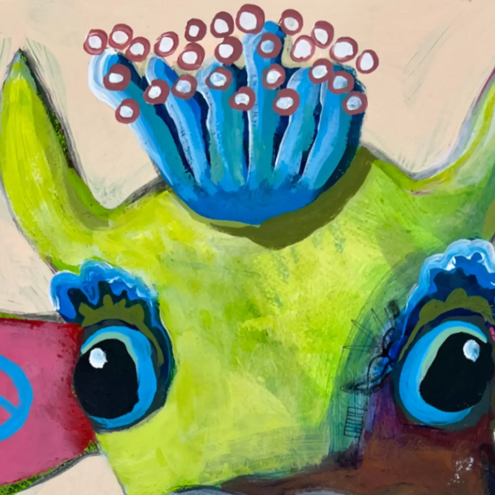 Detail blaue Krone und Auge, Pop Art Acrylgemälde VogelLisi – Green Peace, Fredi Gertsch, 2026