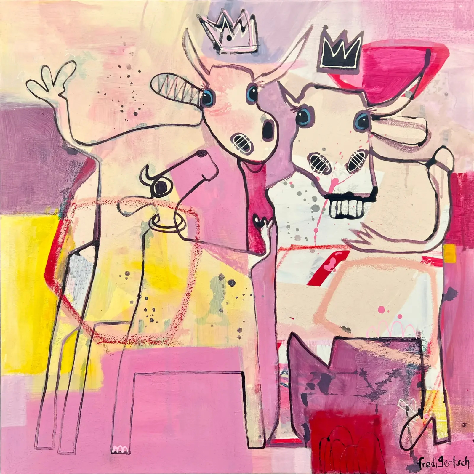 We Are Family, Pop Art Acrylgemälde auf Leinwand mit zwei Kühen und Kronen, Collage-Stil, Fredi Gertsch, 2024