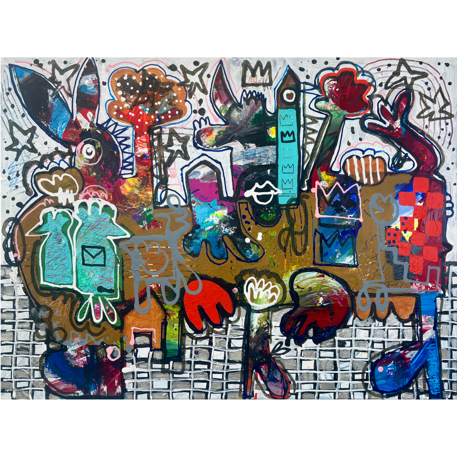The Crowned Crowd, farbstarkes abstrakt-figuratives Originalgemälde von Fredi Gertsch mit Tieren, Kronen und freien Zeichen, 60 × 80 cm