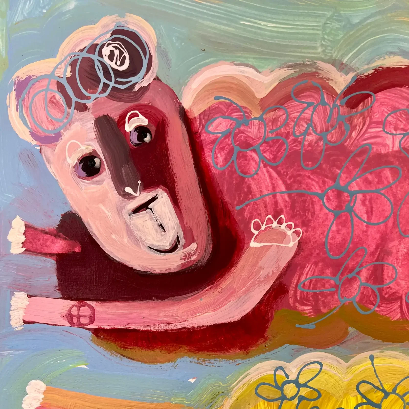 Detail rotes Schaf mit Blumen, Pop Art Acrylgemälde Drei Schafe und ein Blumenmeer, Fredi Gertsch, 2024