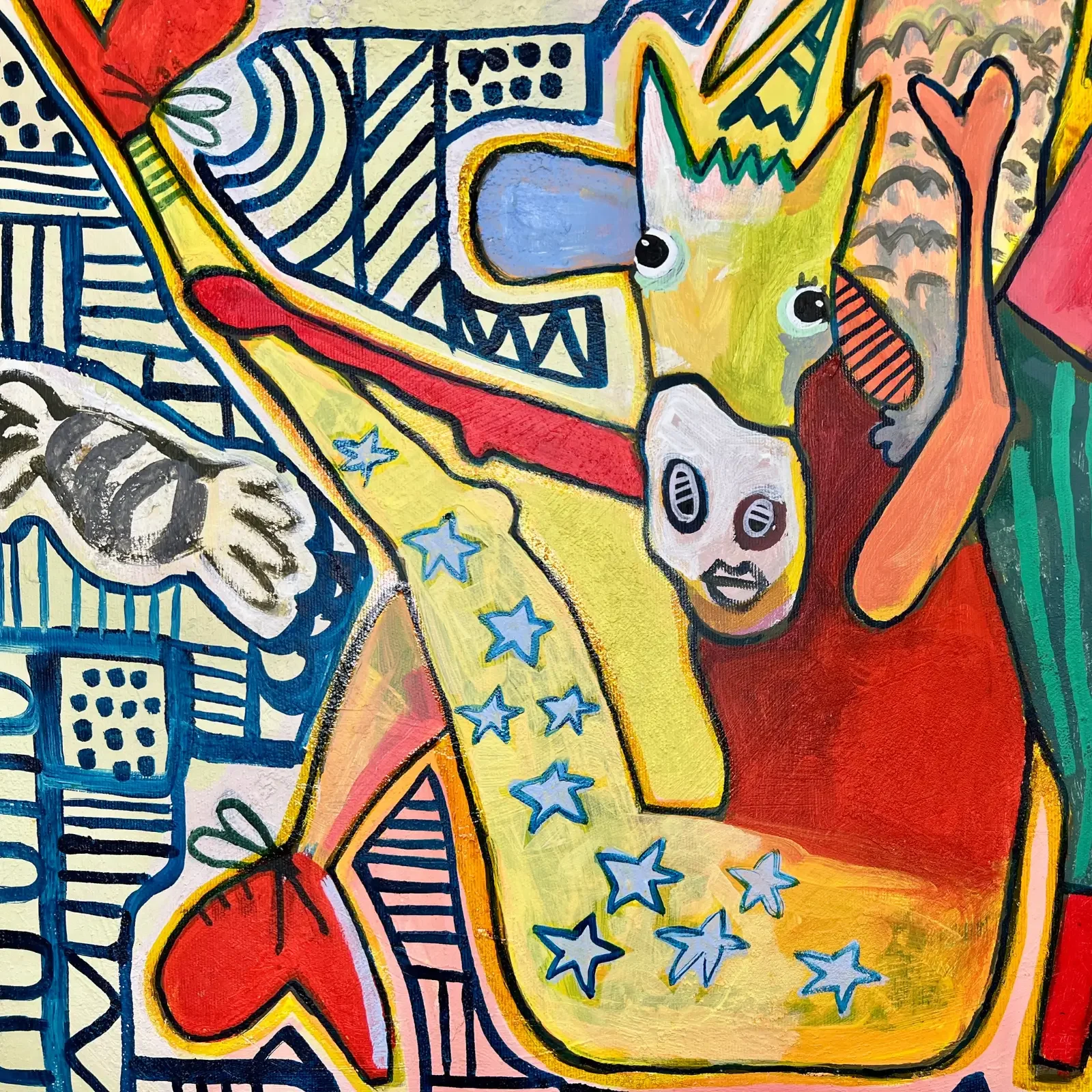 Detail Kuhfigur mit Sternenmuster und Herz, Pop Art Acryl Mixed Media Gemälde With A Little Help From My Friends – Candy Crew, Fredi Gertsch, 2026