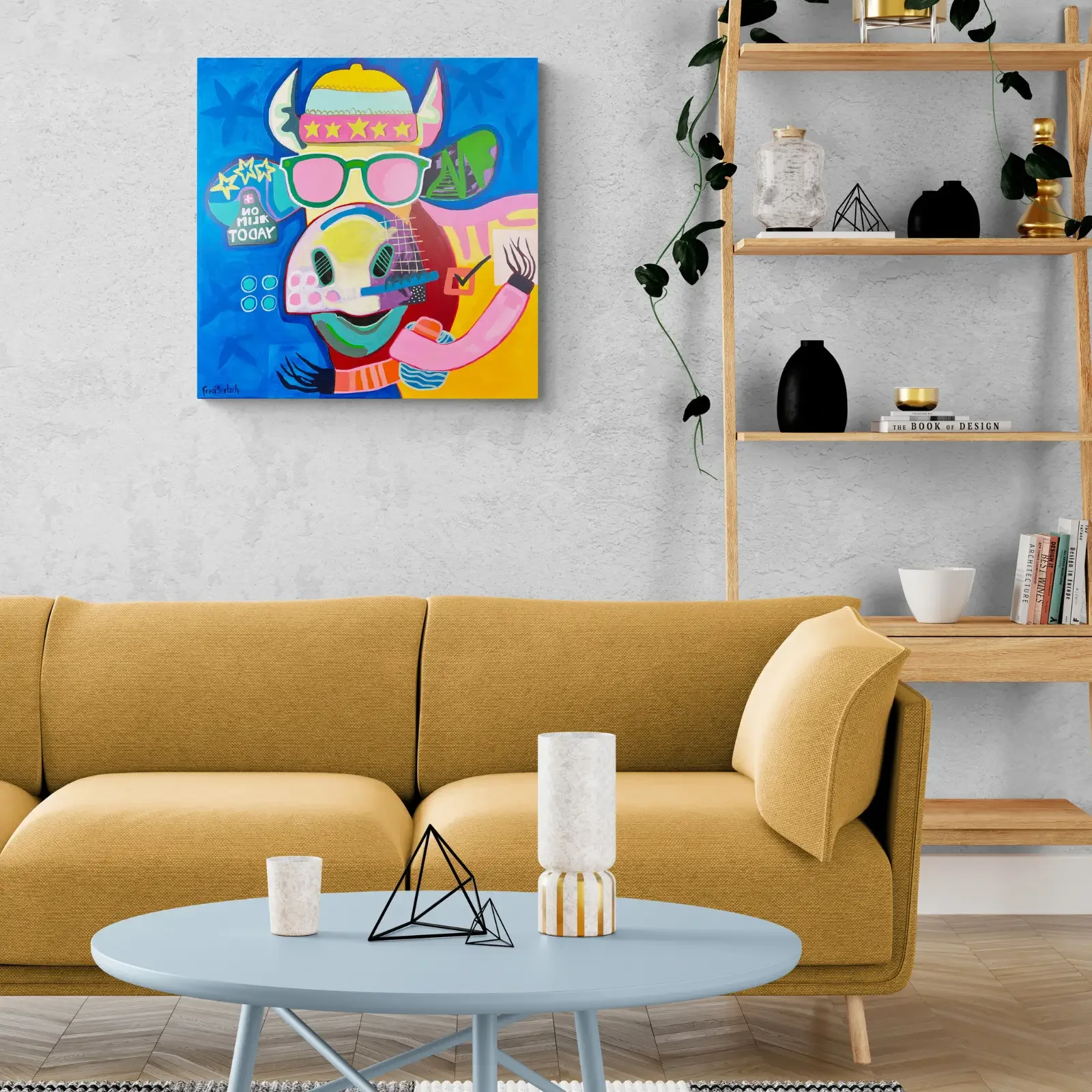 VogelLisi – No Milk Today von Fredi Gertsch, Pop Art Wandbild 80 x 80 cm über Sofa im Wohnzimmer, Schweizer Kunst, 2023