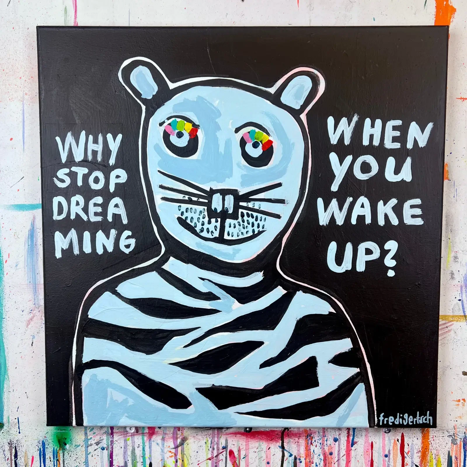 Wake up & Keep Dreaming, Pop Art Acrylgemälde auf Leinwand, Nahaufnahme Tigerfigur mit Zebra-Muster, Fredi Gertsch, 2024