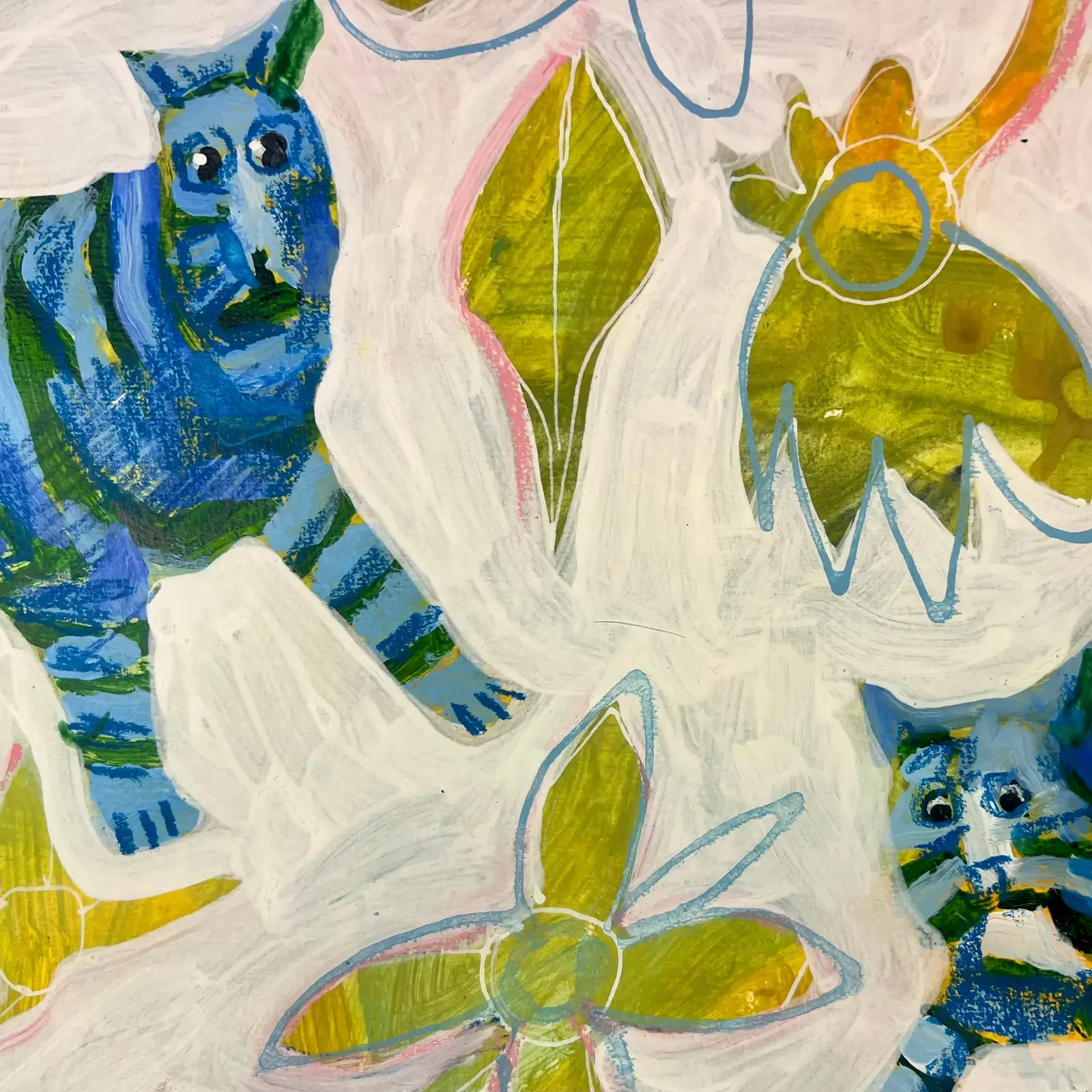 Detail blauer Tiger mit grünen Streifen, Pop Art Acrylgemälde Save The Blue Tiger, Fredi Gertsch, 2024