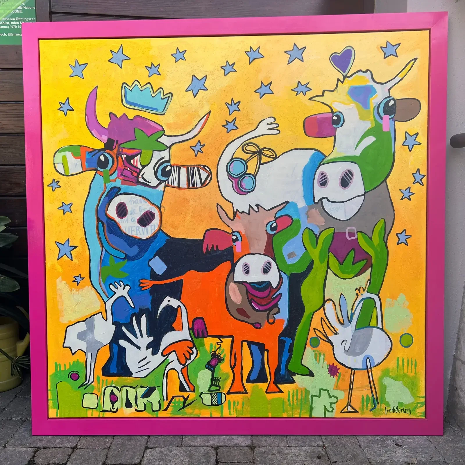 Karneval der Kühe, Pop Art Acrylgemälde auf Leinwand, Nahaufnahme pinker Rahmen und Tiere, Fredi Gertsch, 2022