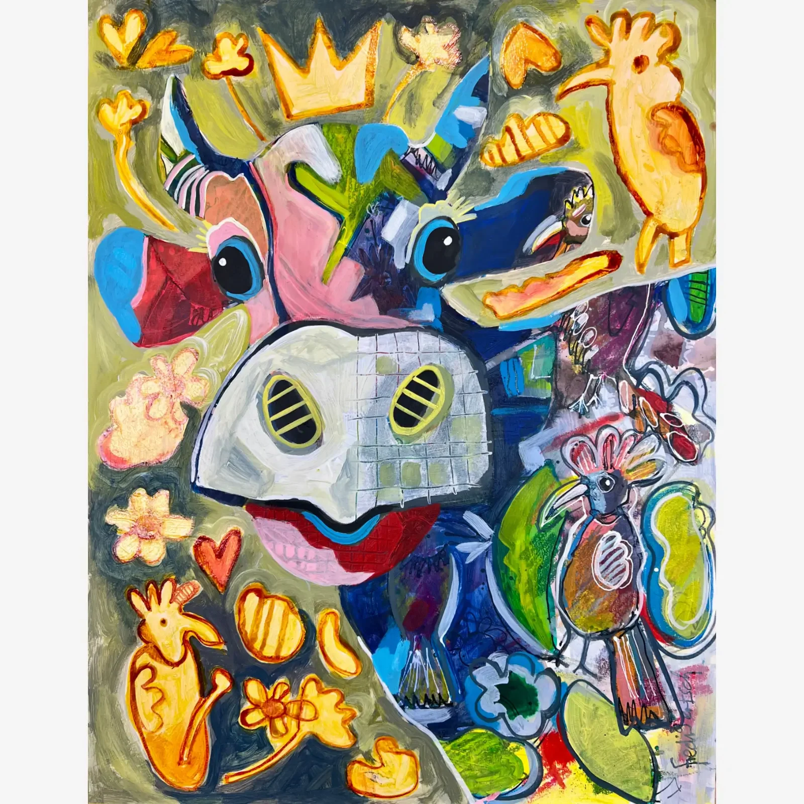 VogelLisi – Golden Birds, Pop Art Acrylgemälde auf Papier mit Kuh, goldenen Vögeln, Krone und Blumen, Fredi Gertsch, 2026