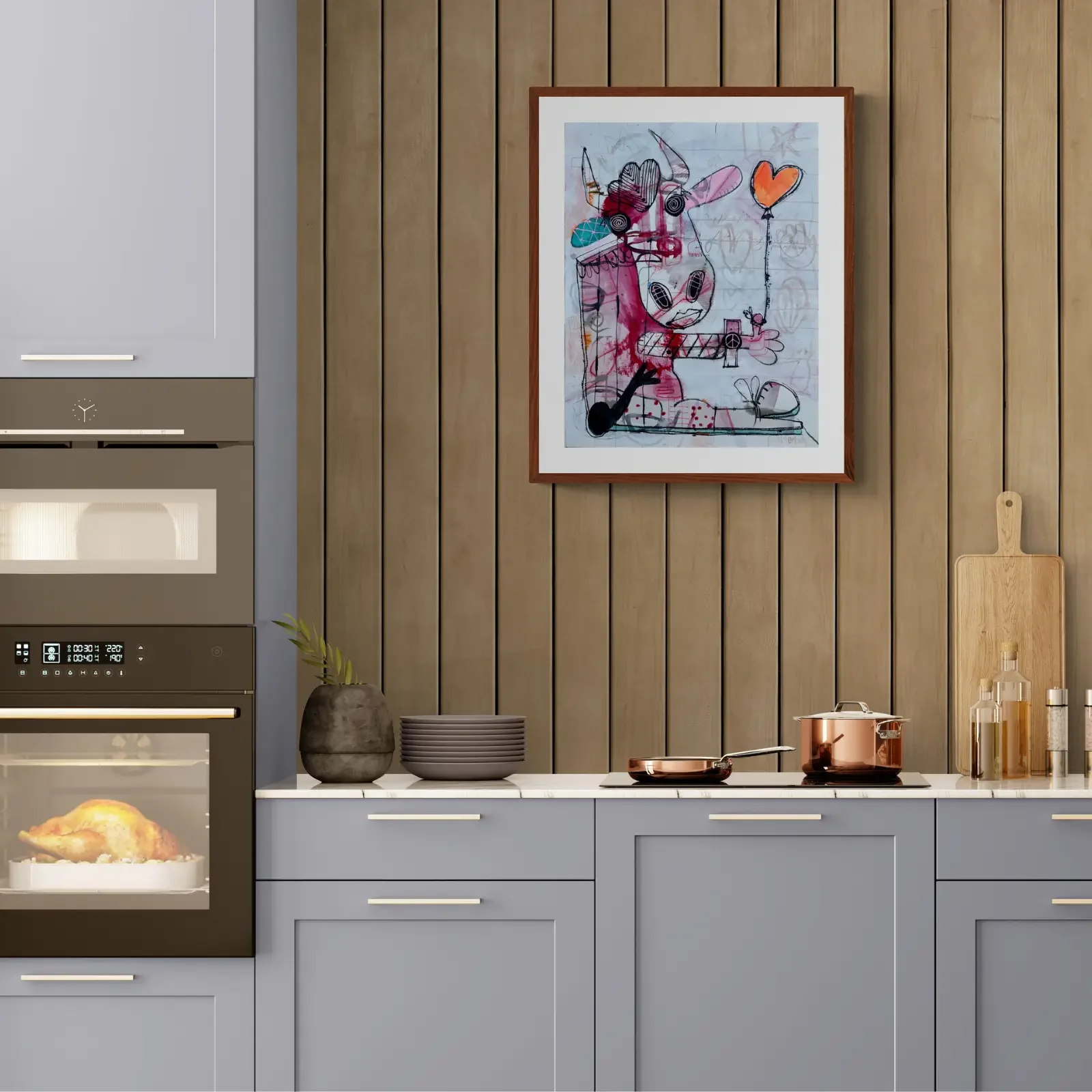 Herz über Wolken, Pop Art Acrylgemälde von Fredi Gertsch, Wandbild in moderner Küche, Schweizer Kunst, 2024