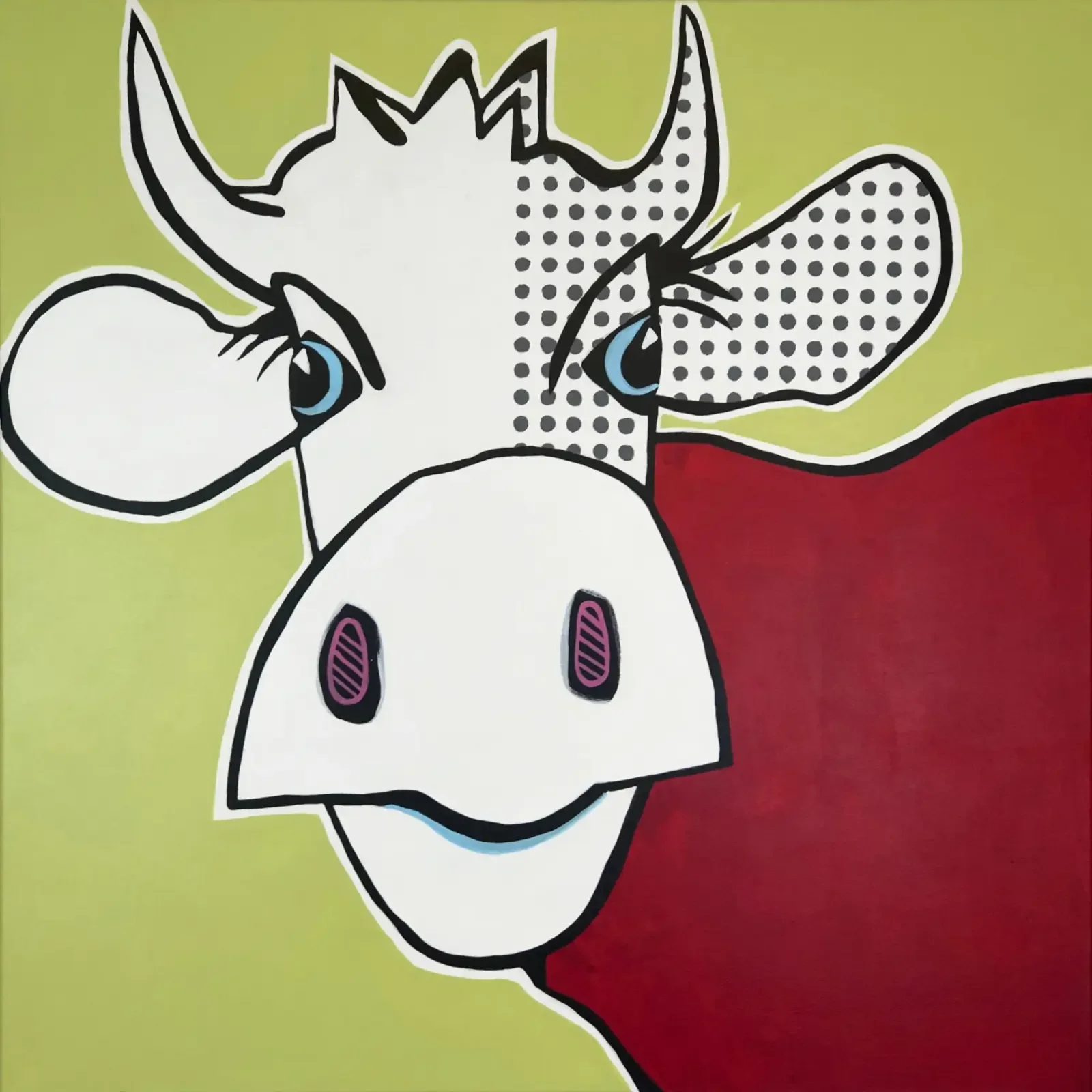 VogelLisi Florence, Pop Art Acrylgemälde auf Leinwand 80 x 80 cm mit VogelLisi-Kuhkopf, grünem Hintergrund und roter Farbfläche, Fredi Gertsch, 2019