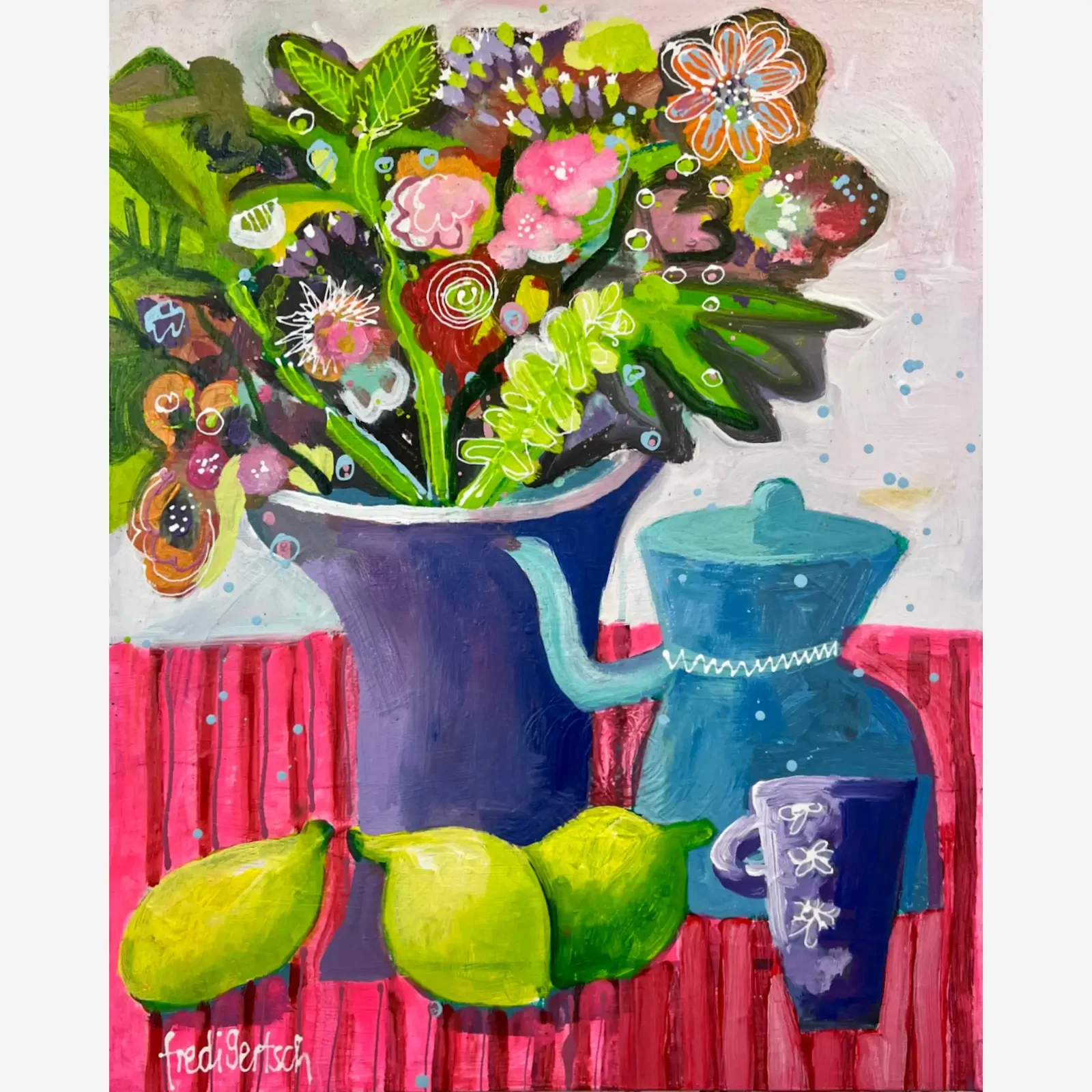 Blumenfrühstück am Fenster, Pop Art Acrylgemälde auf Leinwand mit Blumenstrauss, Kanne, Tasse und Früchten, Fredi Gertsch, 2024