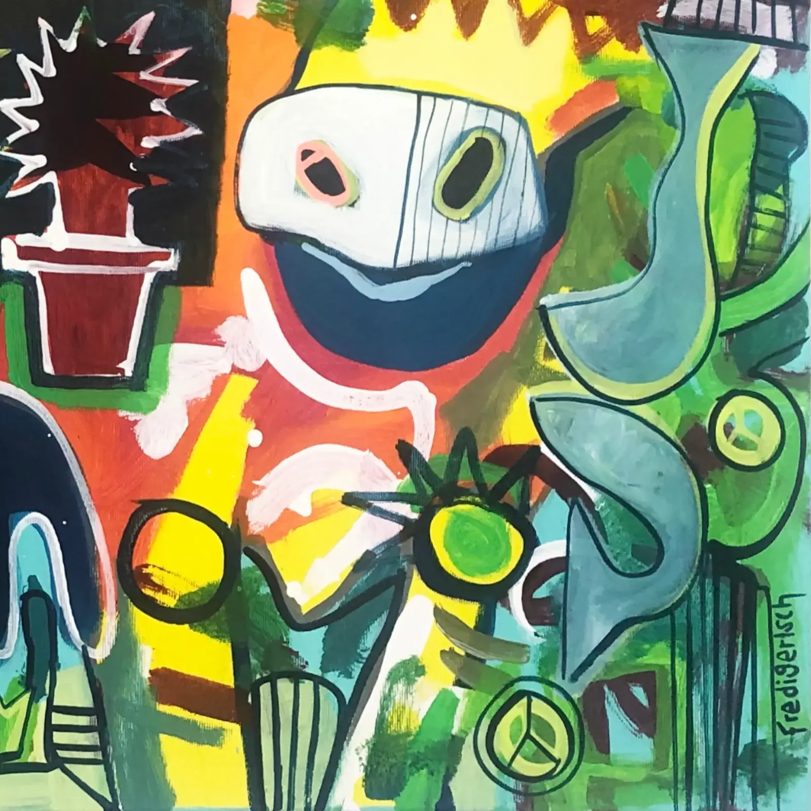 Detail Figur mit Krone und Kaktus, Pop Art Acrylgemälde Just Us Two – Electric Jungle Vibes, Fredi Gertsch, 2020