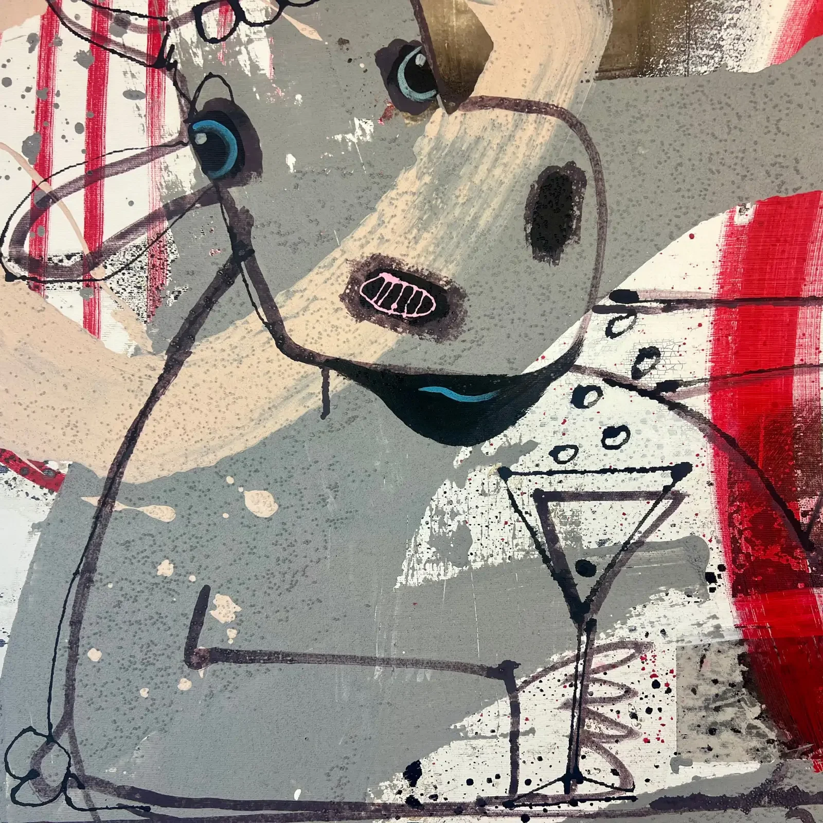 Detail Kuhkopf mit Krone und Glas, rote Linien, Pop Art Acrylgemälde It’s A Tricky Situation, Fredi Gertsch, 2024