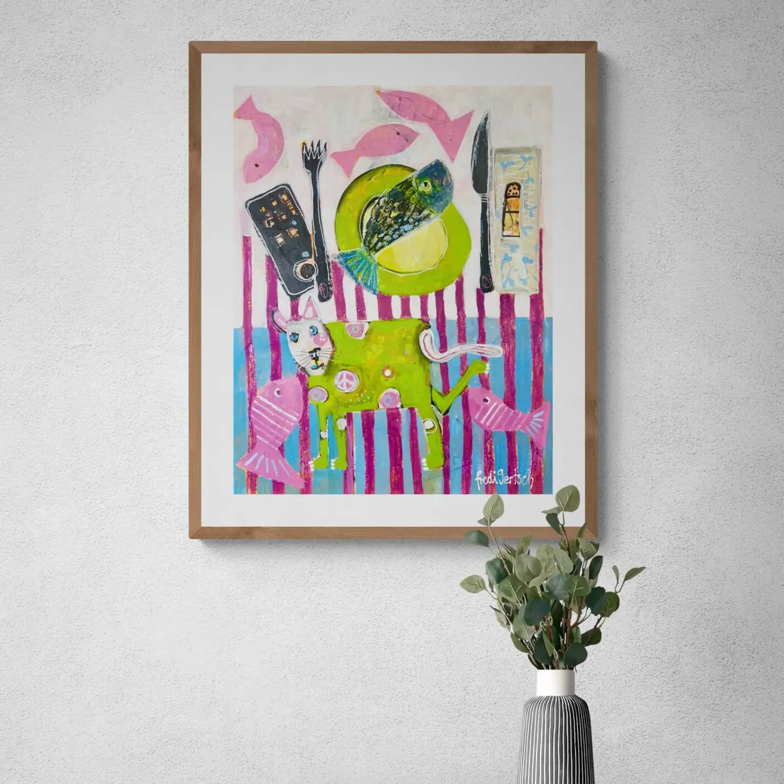 Katerfrühstück von Fredi Gertsch, Pop Art Acrylgemälde als Wandbild im modernen Flur, 2024