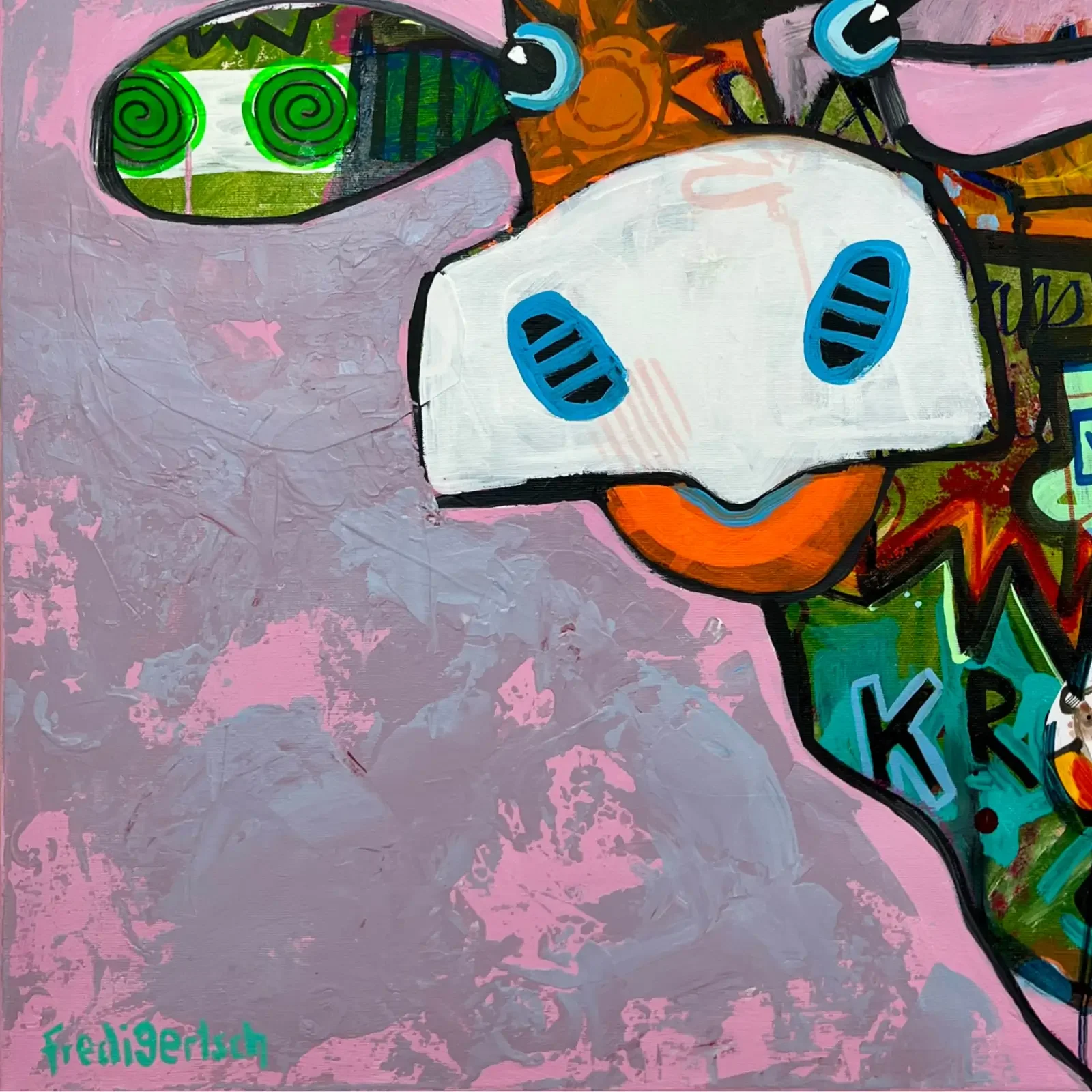 Detail VogelLisi-Gesicht und Signatur, Pop Art Acrylgemälde VogelLisi – Bird on Bloom, Fredi Gertsch, 2026