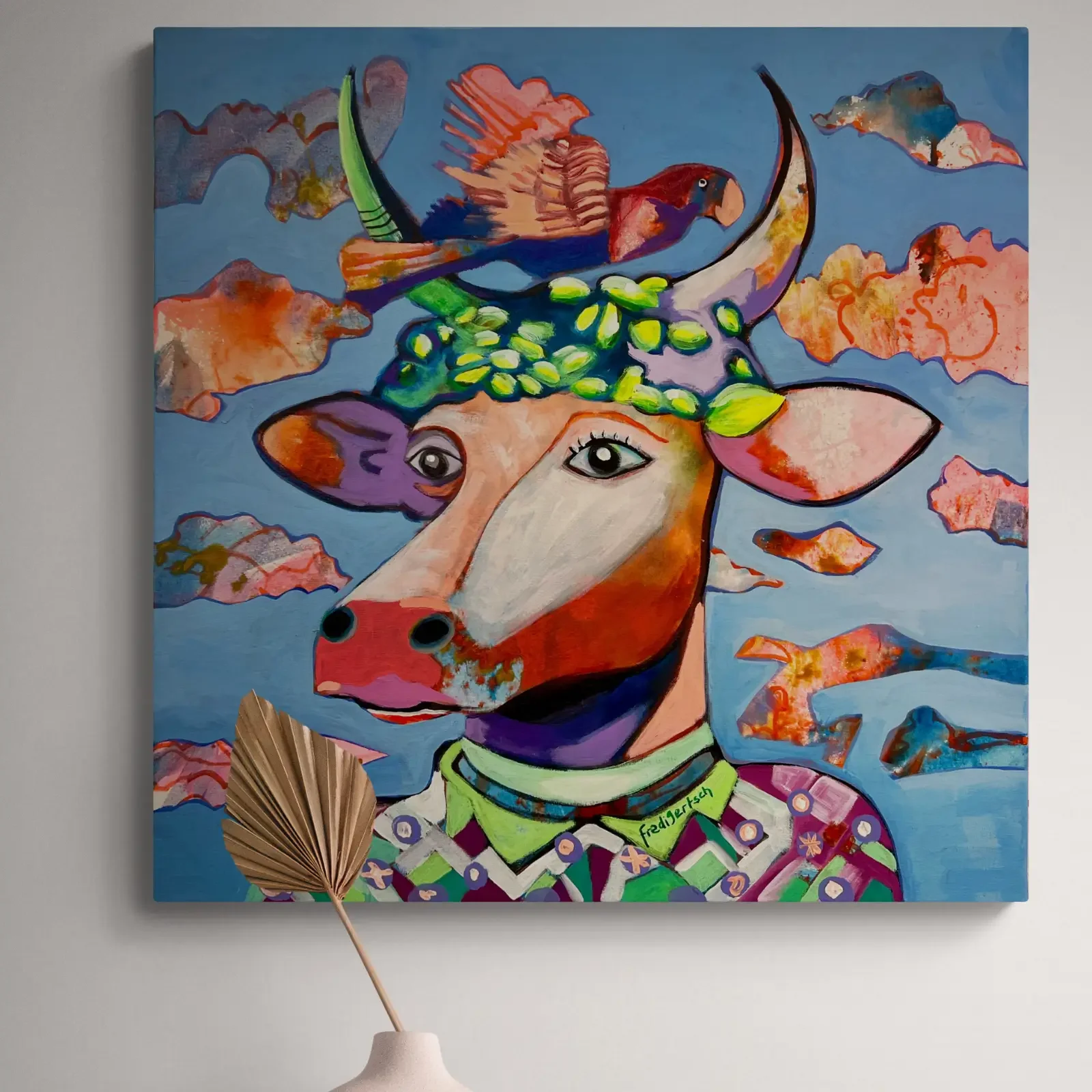 VogelLisi über den Wolken von Fredi Gertsch, Pop Art Acrylgemälde als Wandbild im modernen Wohnzimmer, 2024