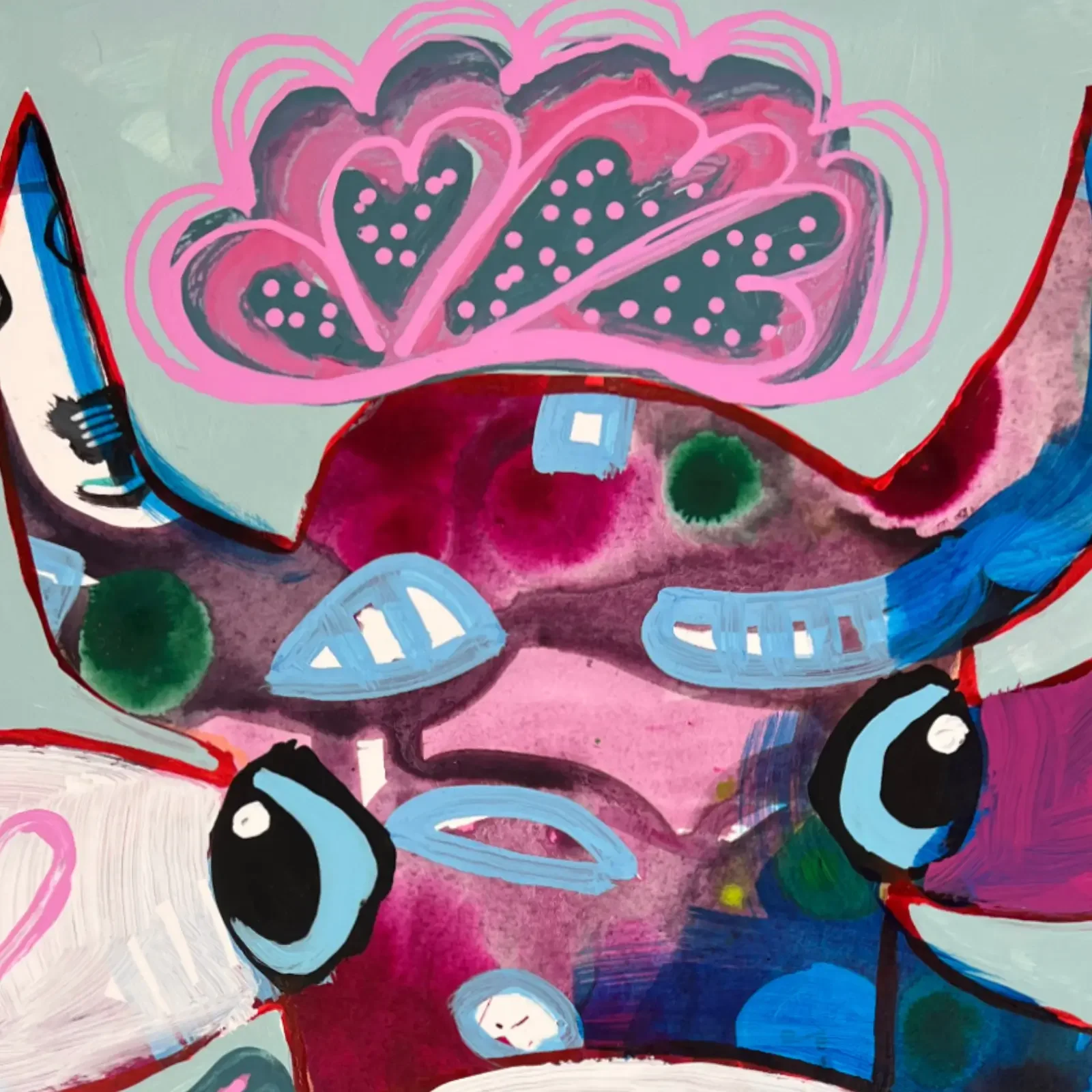 Detail Bluetenkrone und Gesicht, Pop Art Acrylgemälde VogelLisi – Pflanze neue Ideen, wachse mutig, Fredi Gertsch, 2026