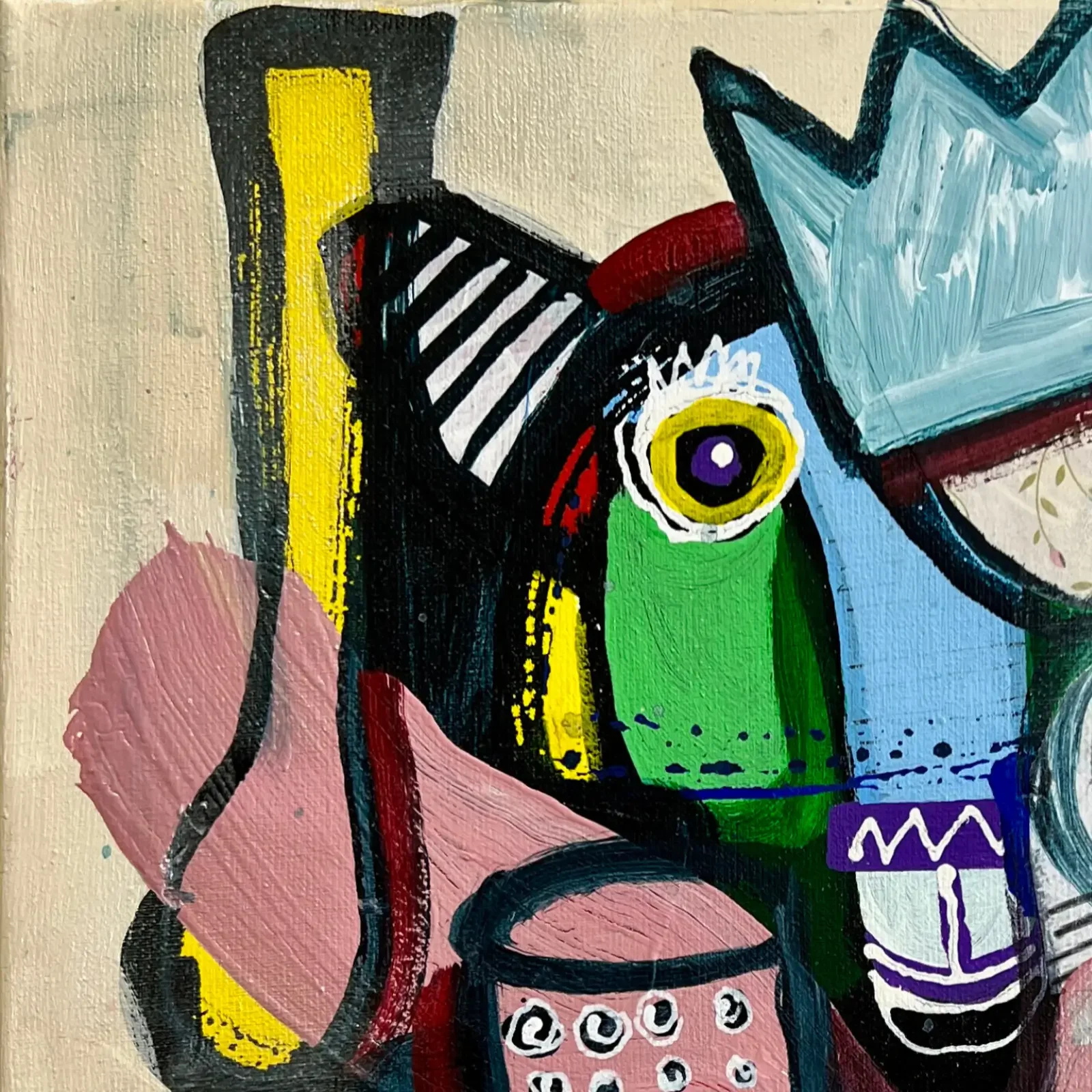 Detail Kuhkopf mit Krone und Muster, Pop Art Acrylgemälde Crown & Circles, Fredi Gertsch, 2026