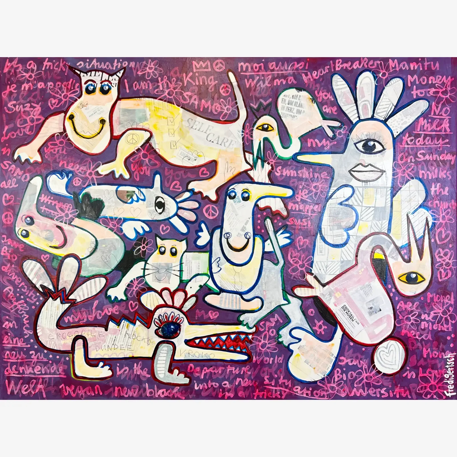 Das Leben ist wie eine Schachtel Pralinen, Mixed Media Pop Art Original auf Leinwand 120 x 100 cm mit Figuren, Tieren, Text und Collage, Fredi Gertsch, 2023