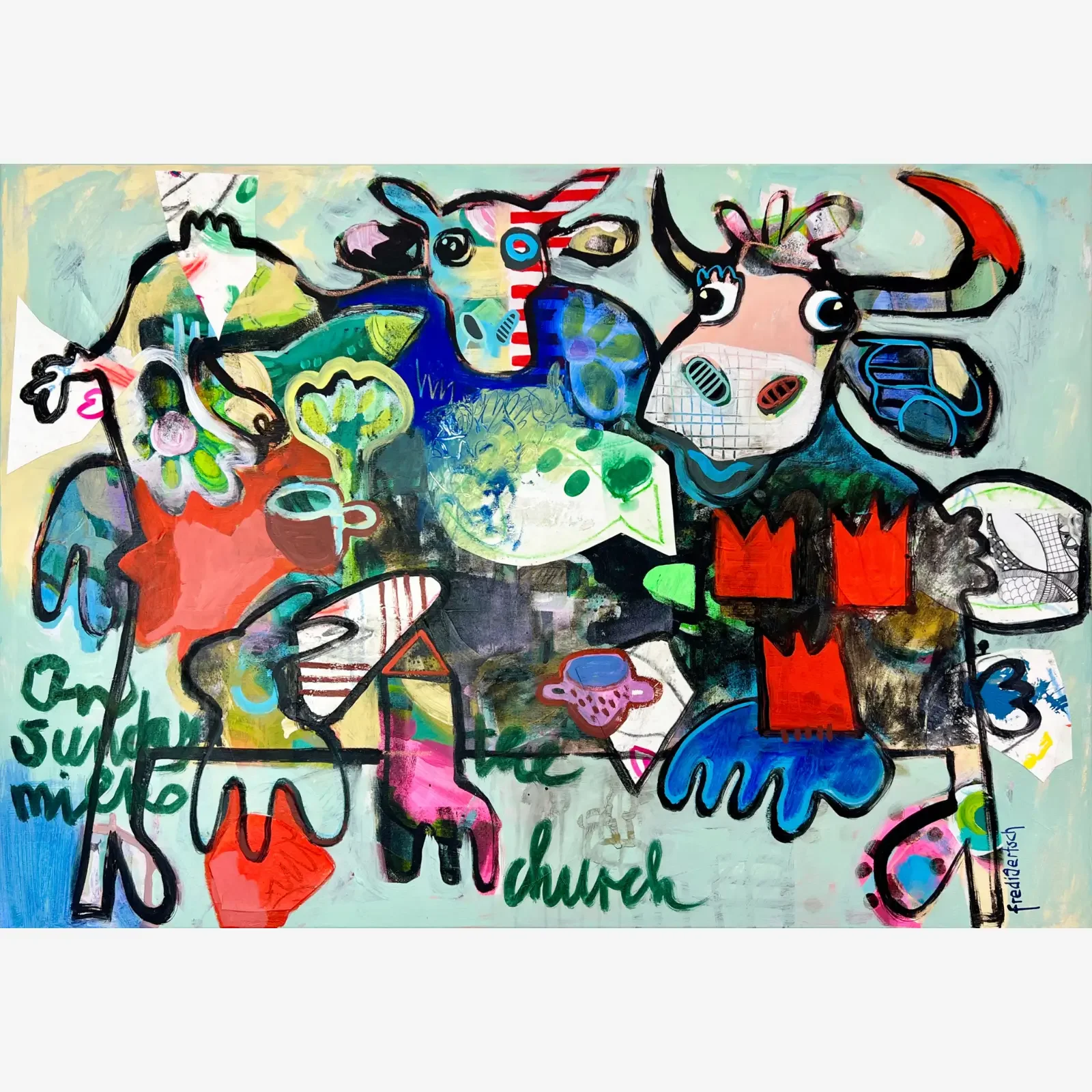 On Sunday Milks The Church, Pop Art Acrylgemälde auf Leinwand mit Kuhgruppe, Symbolen und Text-Element, Fredi Gertsch, 2026