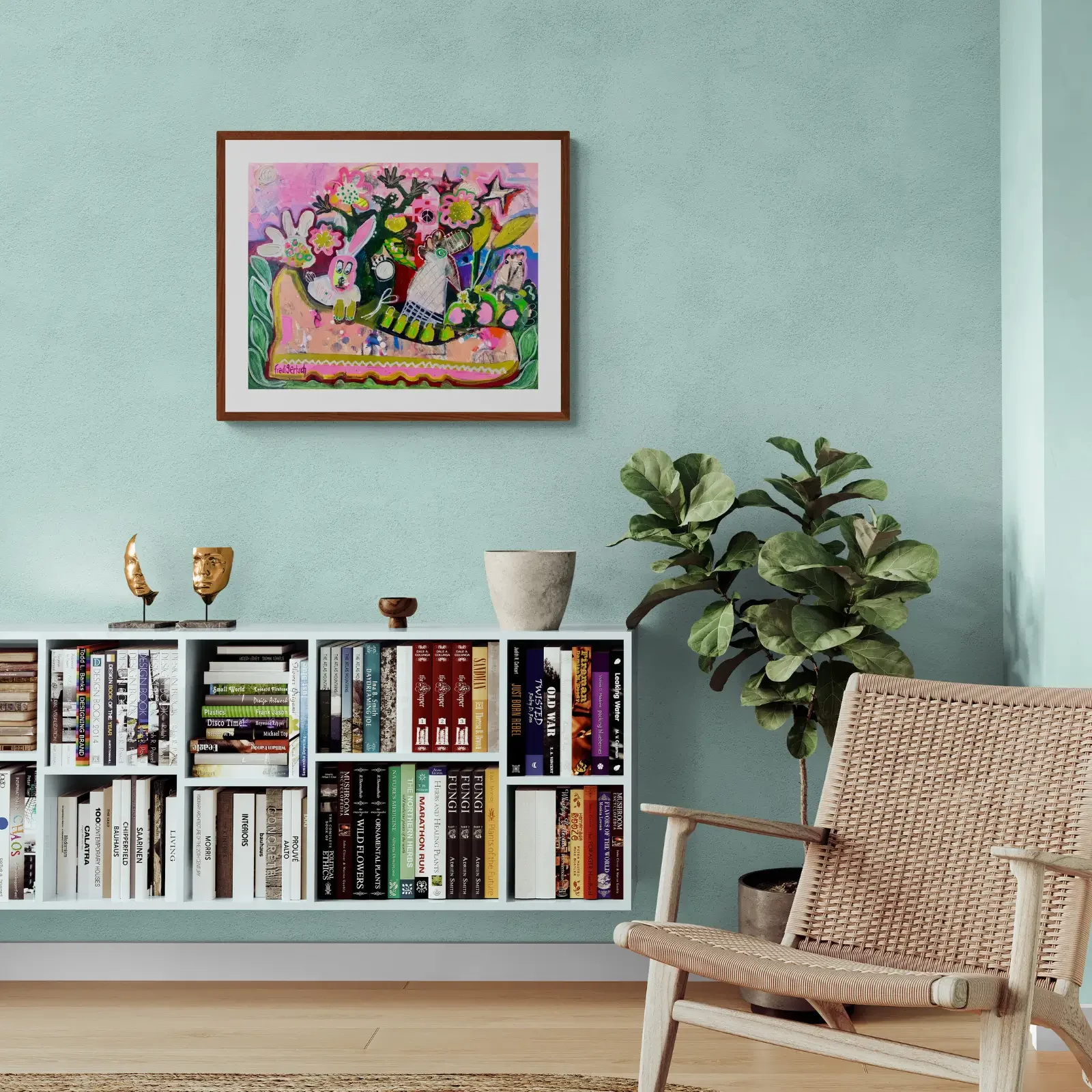 Hasilein, du musst nicht traurig sein, Pop Art Acrylgemälde von Fredi Gertsch, Wandbild im Wohnzimmer mit Bücherregal, Schweizer Kunst, 2024