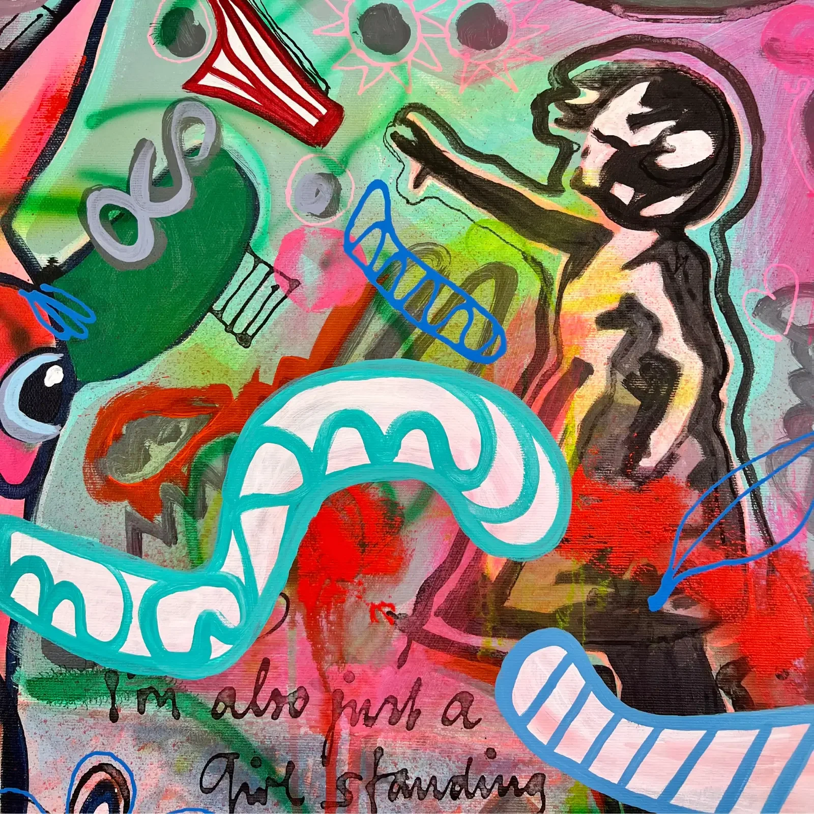 Detail Collage mit Figur und bunten Elementen, Pop Art Acrylgemälde Baby Meets Banksy, Fredi Gertsch, 2024