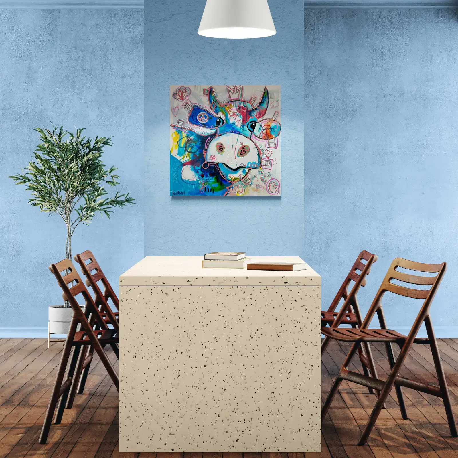 VogelLisi – Blue Harmony, Pop Art Acrylgemälde von Fredi Gertsch, Wandbild im Esszimmer, Schweizer Kunst, 2026