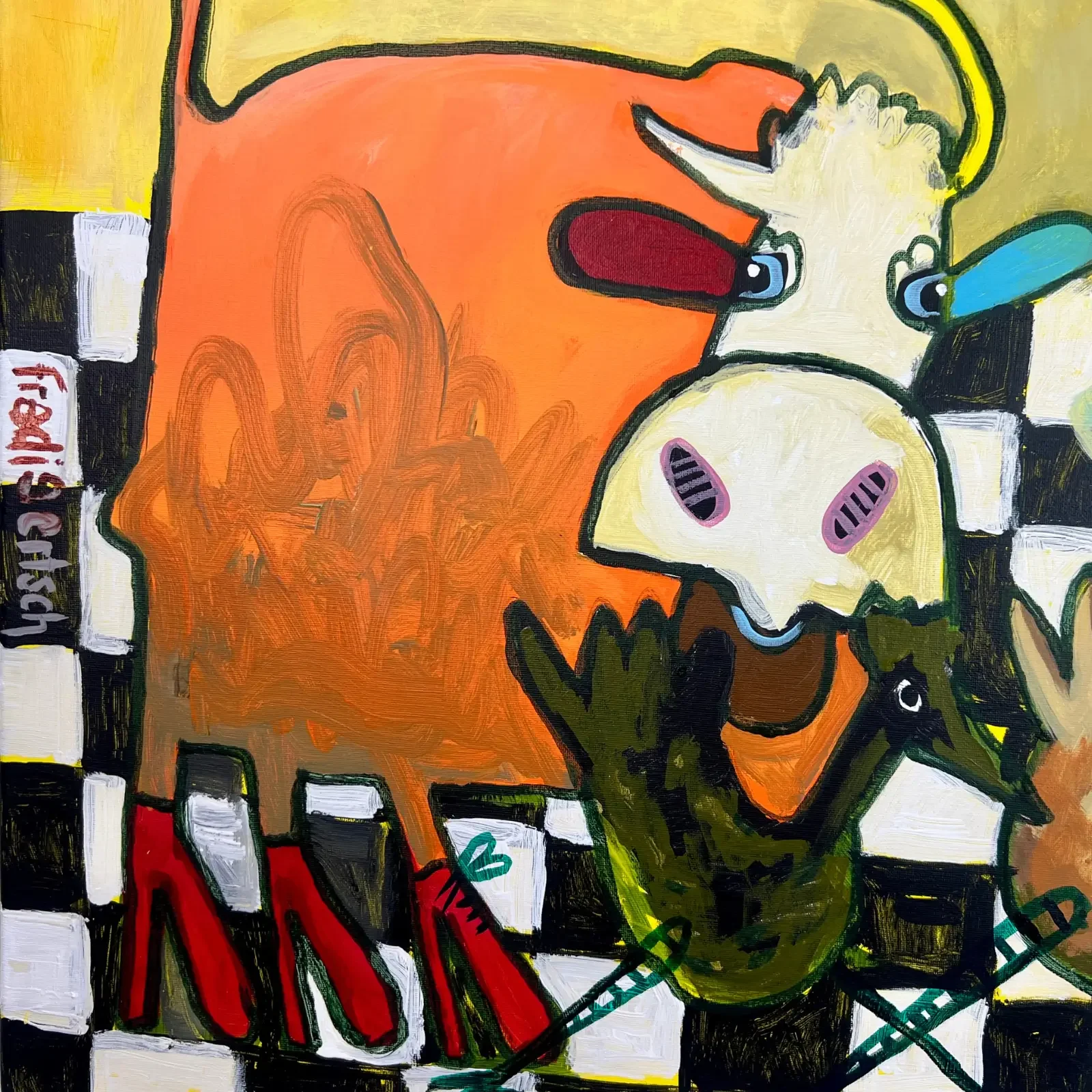 Detail Kuh in Orange und Muster im Hintergrund, Pop Art Acrylgemälde Die Vögel wissen mehr, als sie singen, Fredi Gertsch, 2026