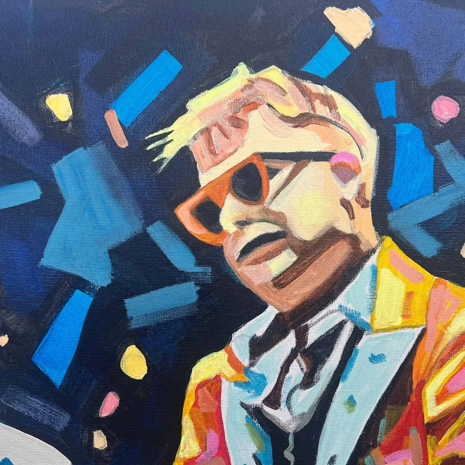 Detail Musiker mit Sonnenbrille, Pop Art Acrylgemälde Elton & John, Fredi Gertsch, 2023