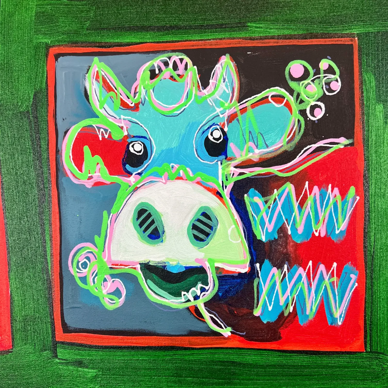 Detail mehrere Kuhköpfe, Collage-Stil, Pop Art Acrylgemälde VogelLisi Gallery, Fredi Gertsch, 2024