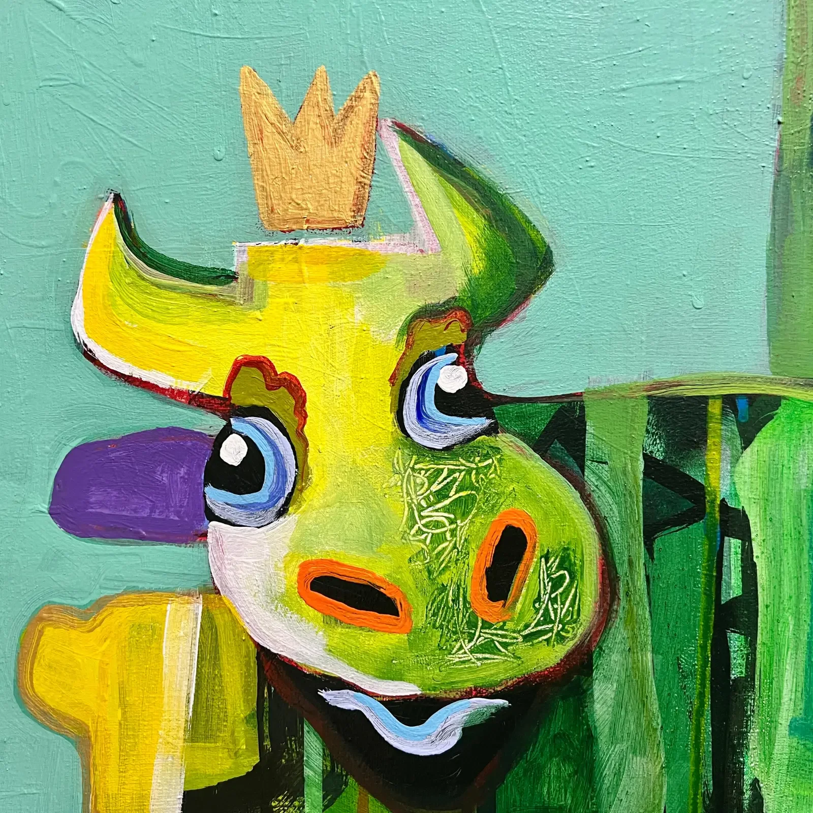 Detail: Kuh mit kleiner Krone, Originalgemälde 2026 von Fredi Gertsch, Acryl auf Leinwand