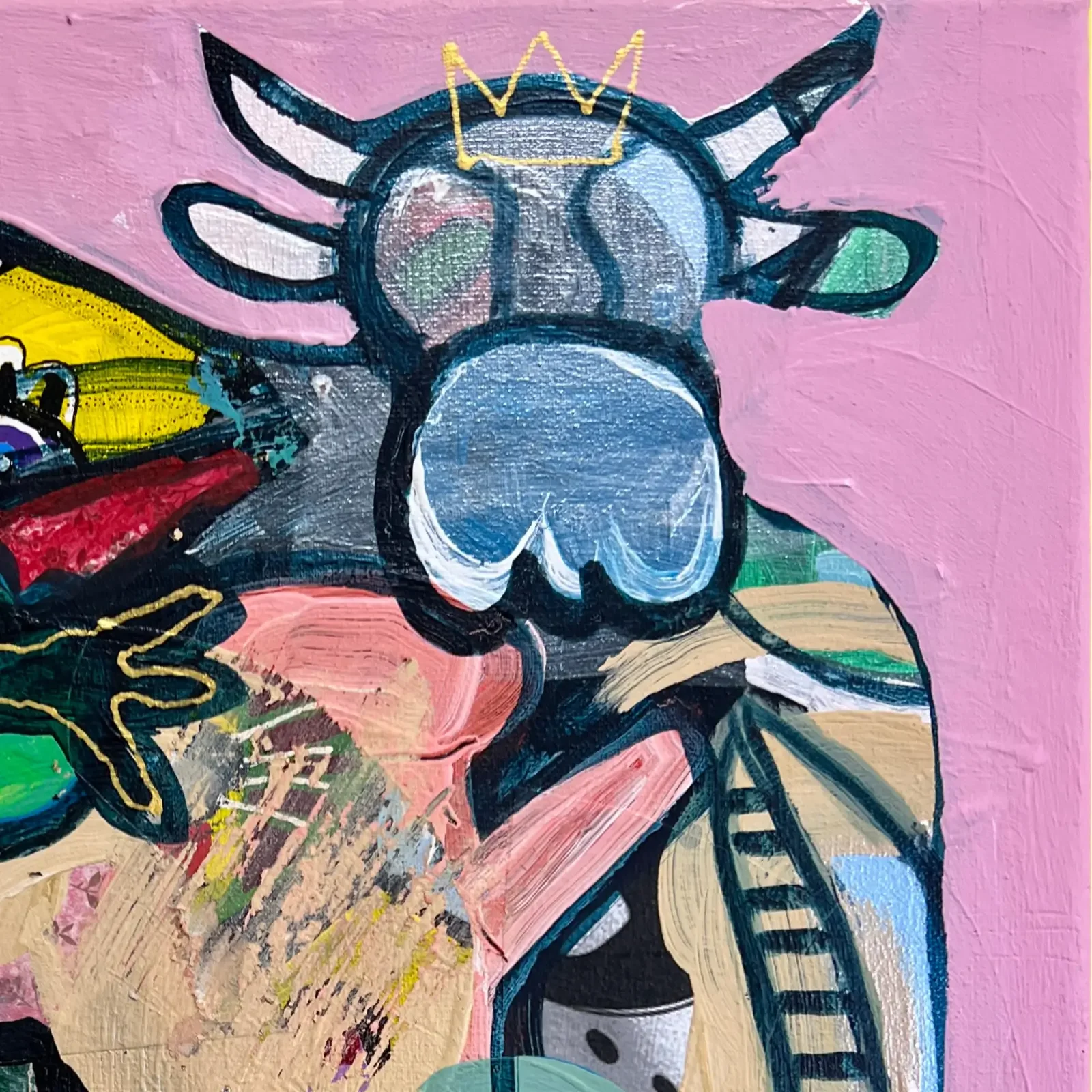 Detail Krone und Kopf der Kuh, Pop Art Acrylgemälde Pink Hug, Fredi Gertsch, 2026