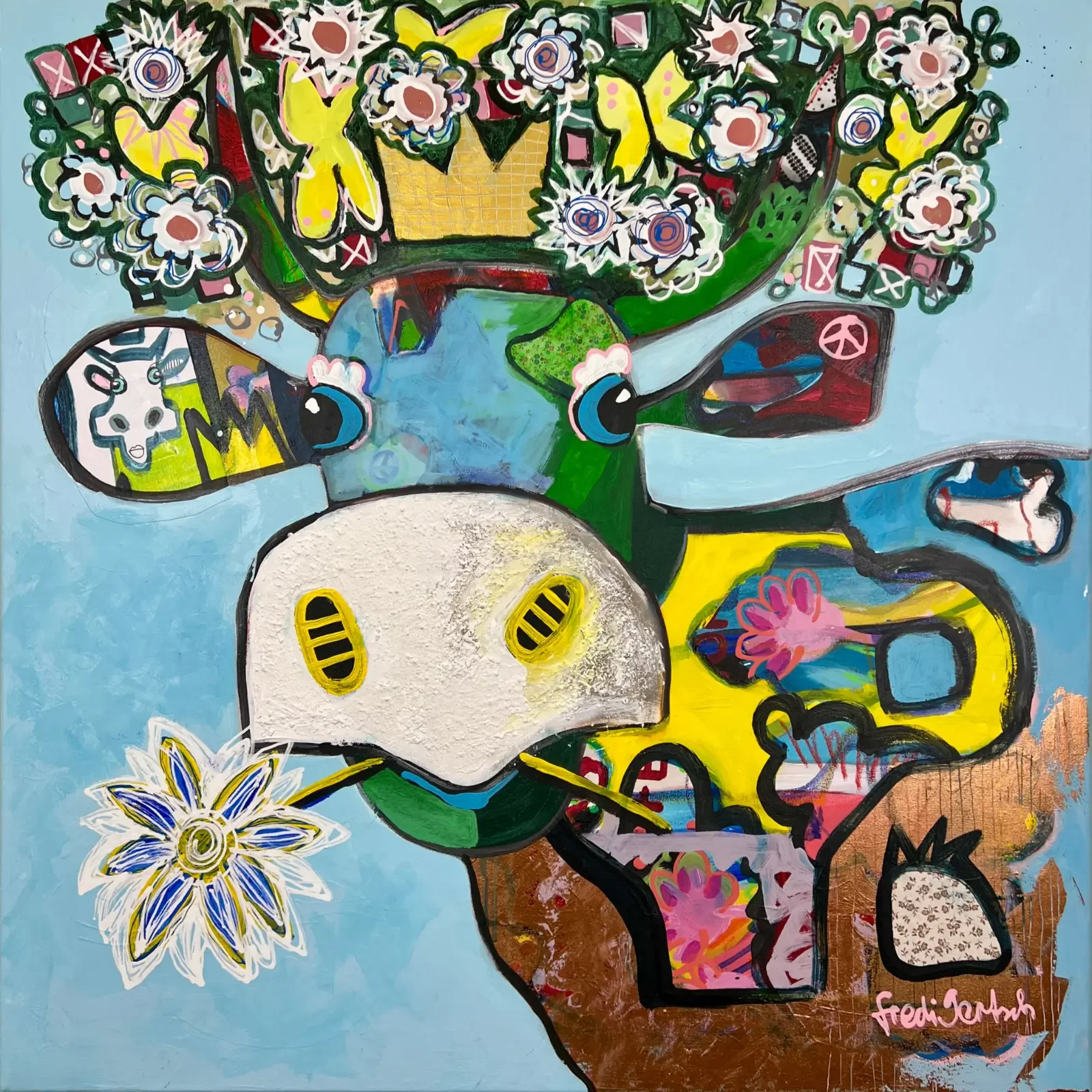 VogelLisi – Flower Crown Sky, Pop Art Gemälde auf Leinwand 80 x 80 cm in Blau mit V