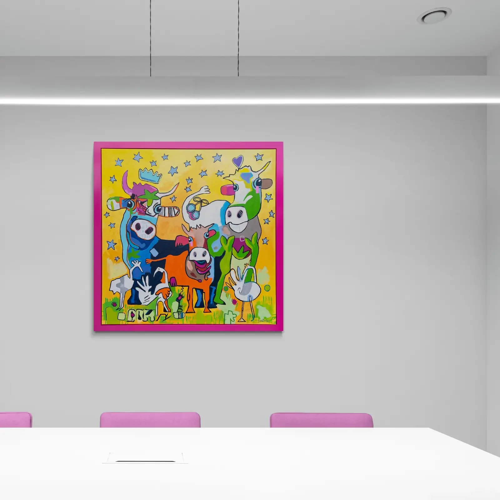 Karneval der Kühe, Pop Art Acrylgemälde von Fredi Gertsch, Wandbild im modernen Konferenzraum, Schweizer Kunst, 2022
