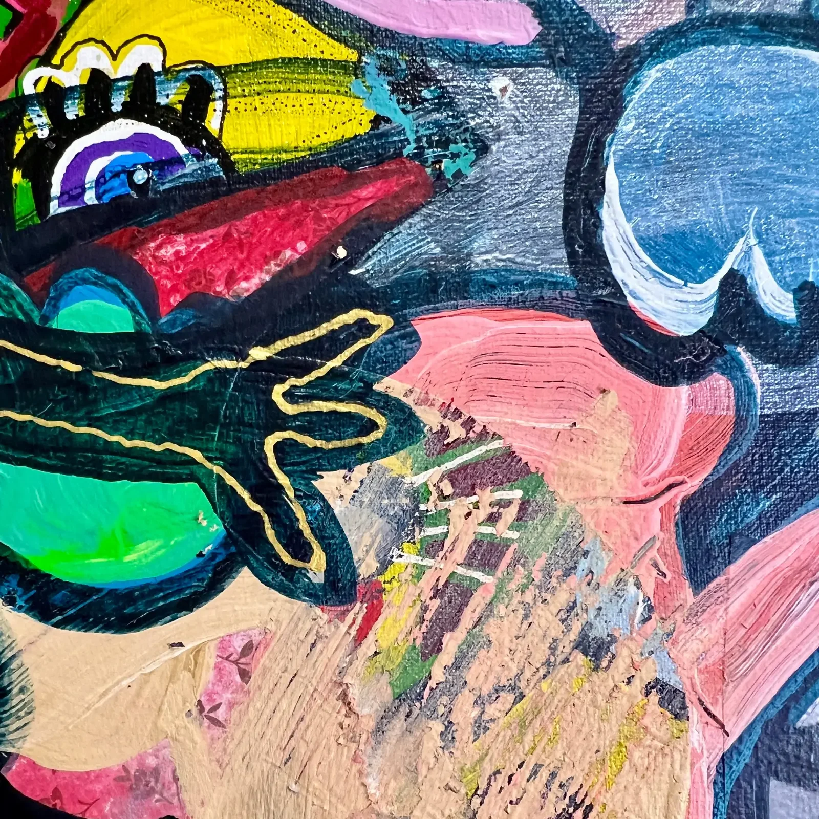 Detail bunte Farbflächen und schwarze Linien, Pop Art Acrylgemälde Pink Hug, Fredi Gertsch, 2026