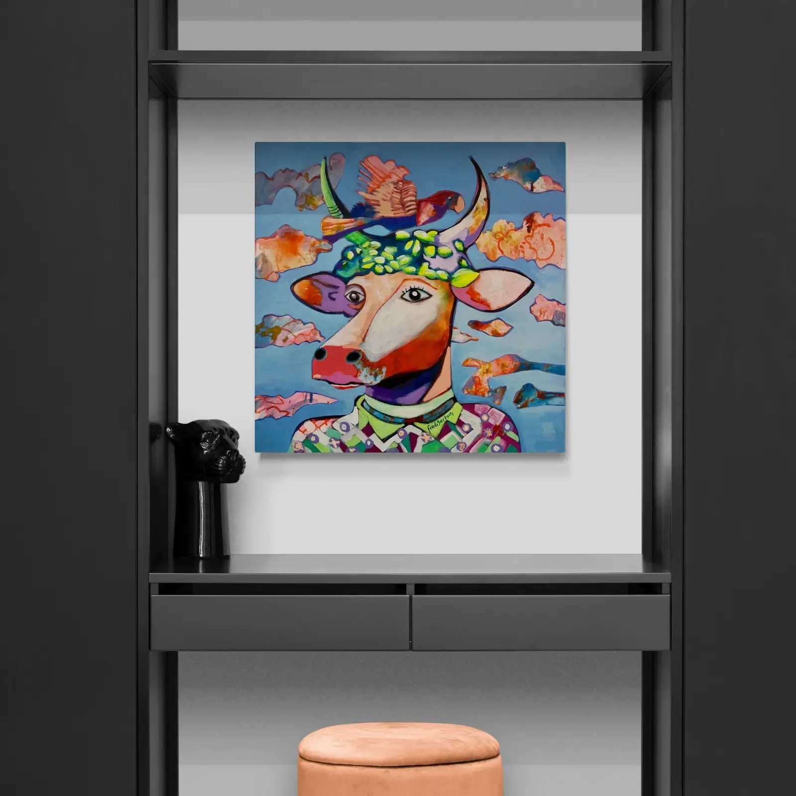 VogelLisi über den Wolken, Pop Art Acrylgemälde von Fredi Gertsch, Wandbild im modernen Regal, Schweizer Kunst, 2024p