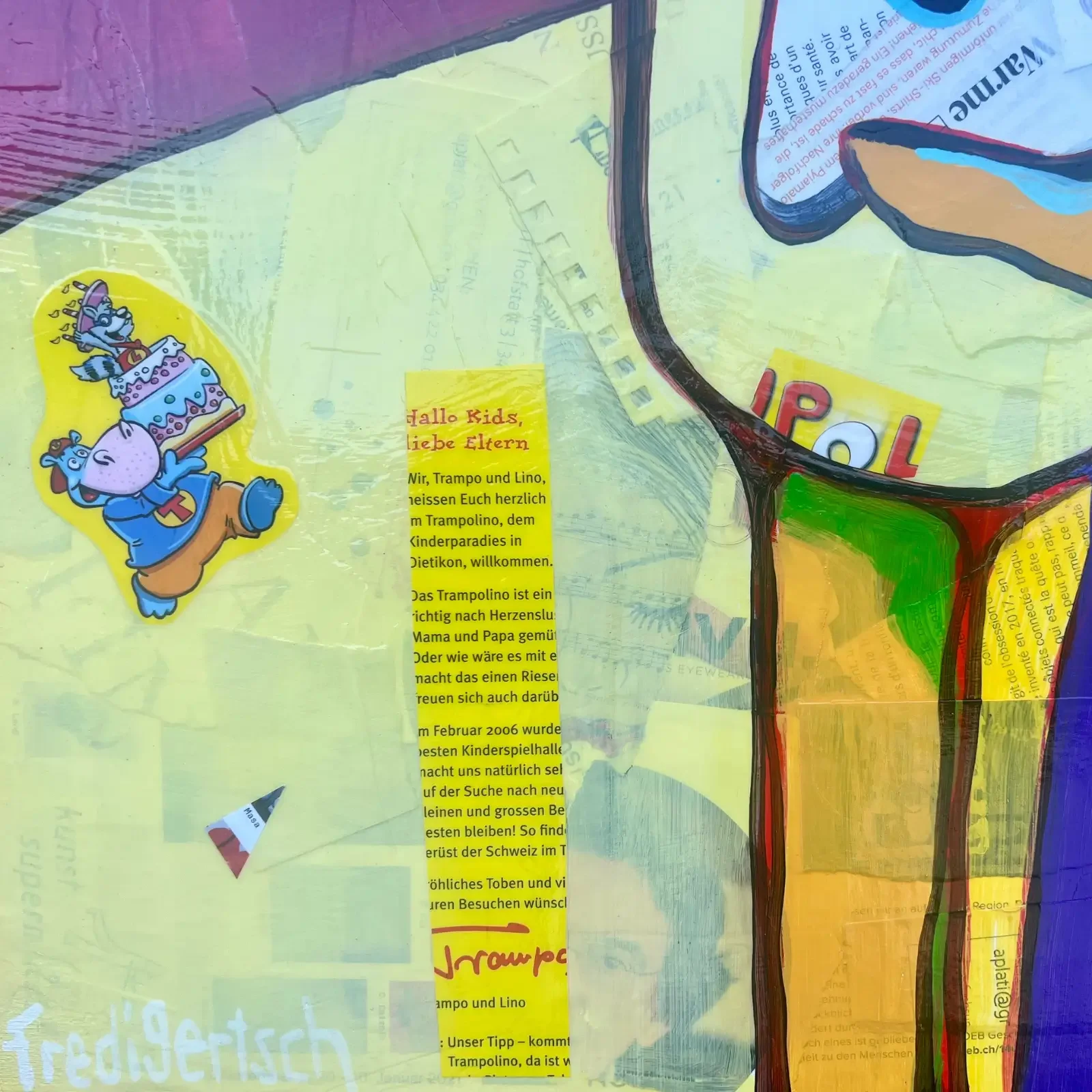 Detail Collage-Elemente und Text auf gelbem Hintergrund, Pop Art Acrylgemälde Baby Marilyn, Fredi Gertsch, 2024