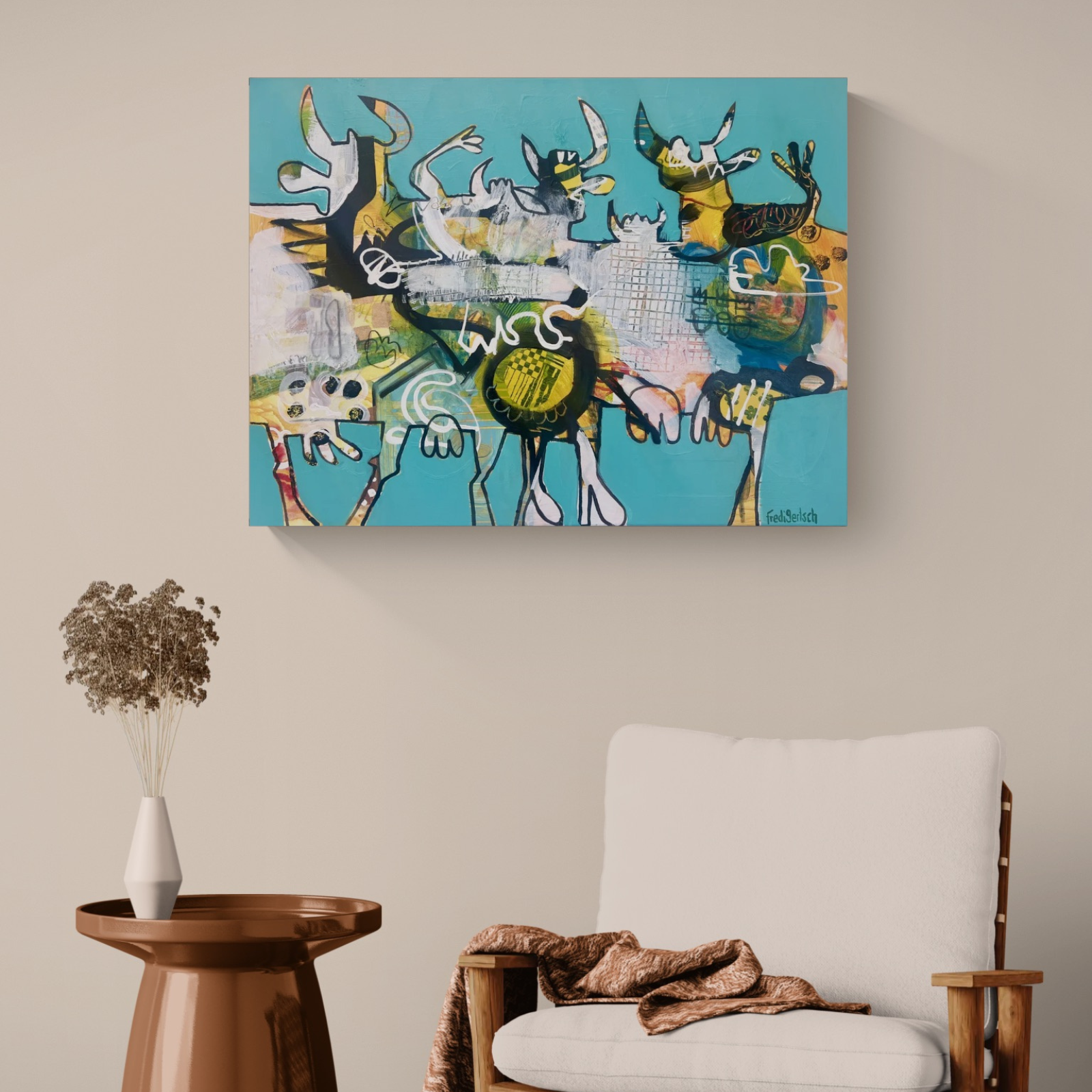 Originalkunstwerk Happy Rebels – Wild Harmony von Fredi Gertsch als Blickfang in einem hellen Wohnraum.