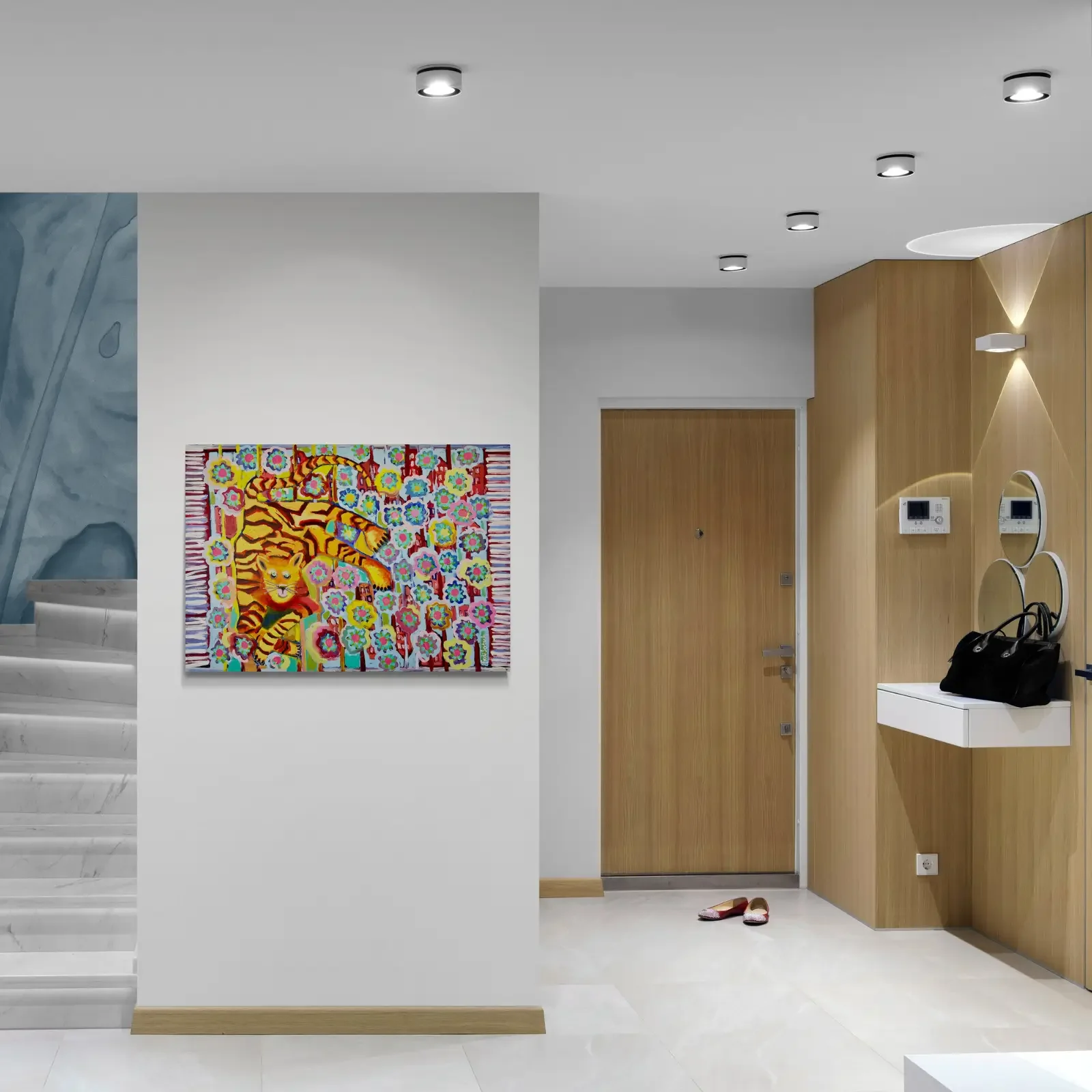 Tiger auf dem Teppich von Fredi Gertsch, Pop Art Acrylgemälde als Wandbild im modernen Flur, 2024